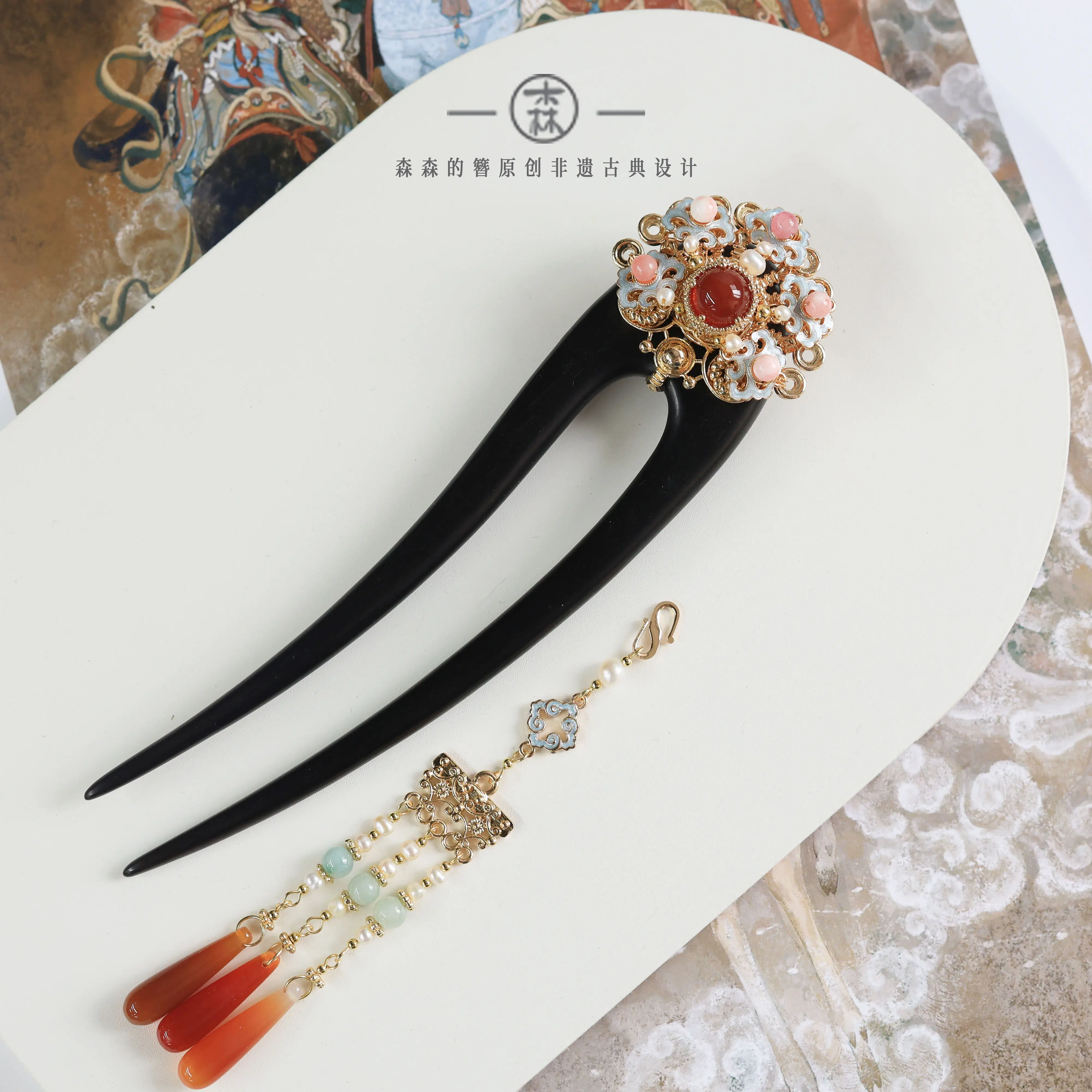 Original Pink Sandalwood Hair Accessory, New Chinese Style Hair Stick with Enamel, Kingfisher Craft, Vintage Pearl & Tassel
Original Pink Sandalwood Hair Accessory, New Chinese Style Hair Stick with Enamel, Kingfisher Craft, Vintage Pearl & Tassel