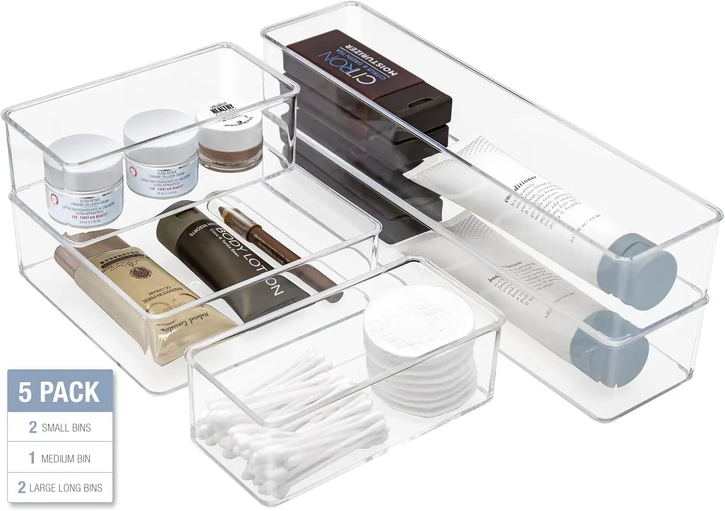 Set of 5 Clear Plastic Drawer Storage Organizer Bins - Organization for Beauty, Kitchen, Office
Set of 5 Clear Plastic Drawer Storage Organizer Bins - Organization for Beauty, Kitchen, Office