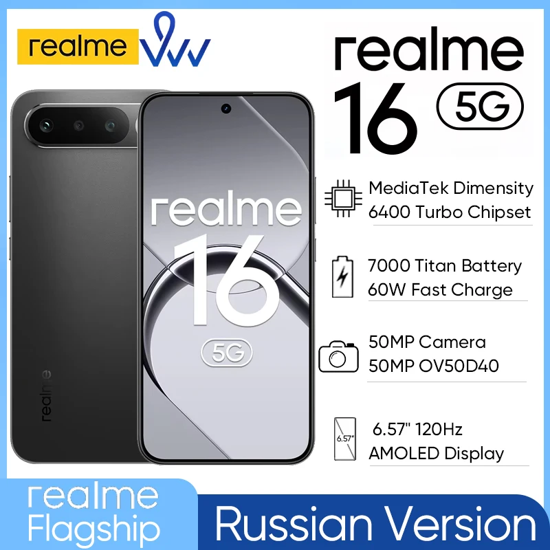 realme 16 5G Smartphone 50MP Sony IMX852 Camera 7000mAh Battery 60W Charge 6.57" AMOLED Display Dimensity 6400 Turbo Chipset NFC
realme 16 5G Smartphone 50MP Sony IMX852 Camera 7000mAh Battery 60W Charge 6.57" AMOLED Display Dimensity 6400 Turbo Chipset NFC