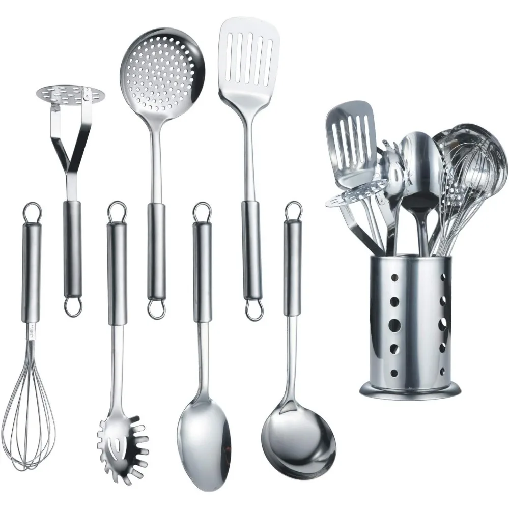 cooking utensil set 8 piece, stainless steel kitchen tool set with stand,cooking utensils, slotted tuner, ladle, skimmer, servi
cooking utensil set 8 piece, stainless steel kitchen tool set with stand,cooking utensils, slotted tuner, ladle, skimmer, servi