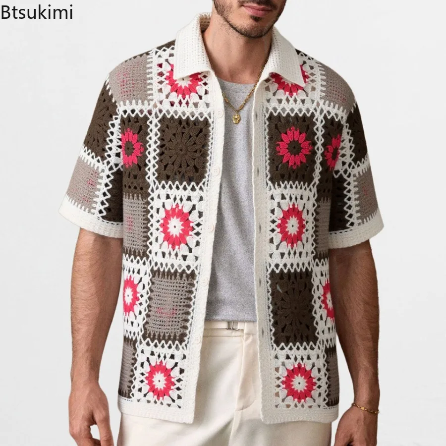 Men's Retro Ethnic Style Crochet Shirts Summer Chic Hollow Out Short Sleeve Cardigans High Quality Jacquard Knitted Polo Shirts
Men's Retro Ethnic Style Crochet Shirts Summer Chic Hollow Out Short Sleeve Cardigans High Quality Jacquard Knitted Polo Shirts