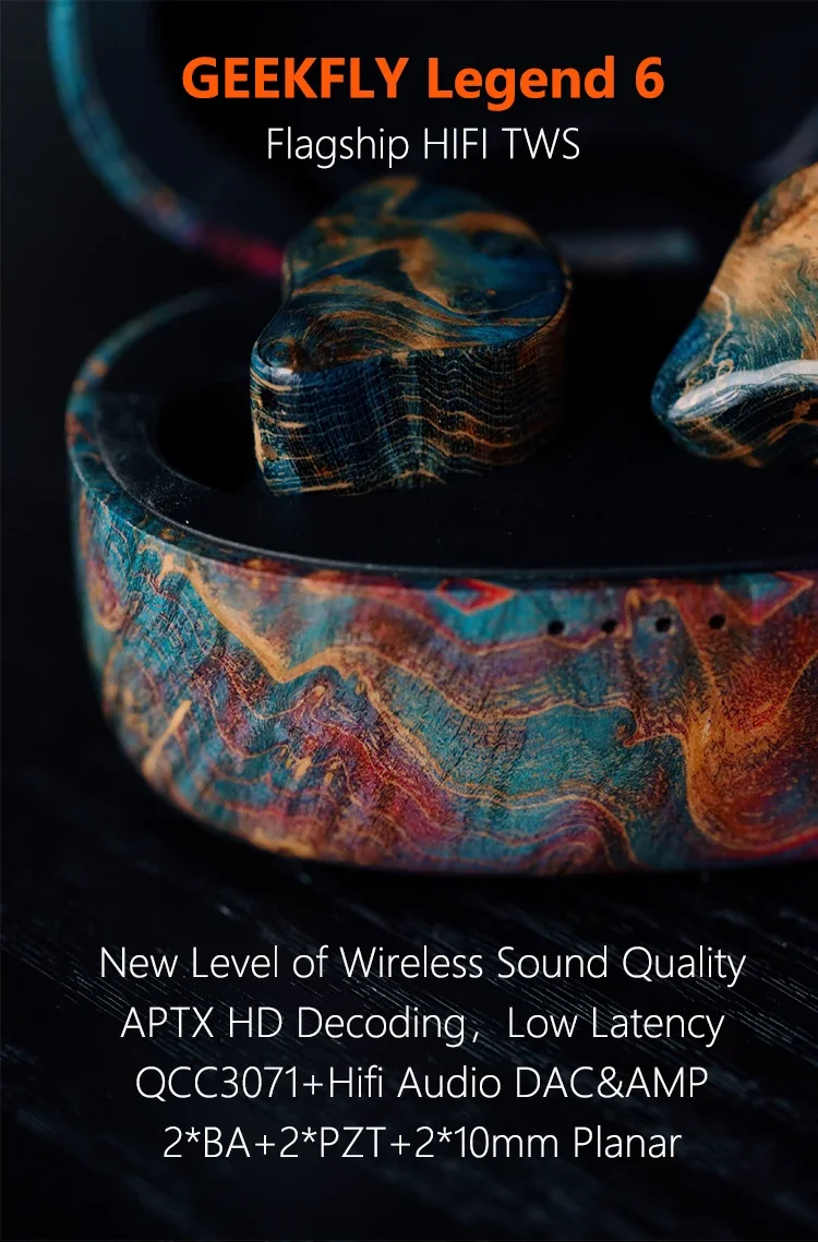 GEEKFLY Legend 6 2BA+2PZT+2*10mm Planar HIFI TWS IEM Bone Conduction Wood Wireless Bluetooth Gaming Earphone with Audio DAC AMP
GEEKFLY Legend 6 2BA+2PZT+2*10mm Planar HIFI TWS IEM Bone Conduction Wood Wireless Bluetooth Gaming Earphone with Audio DAC AMP