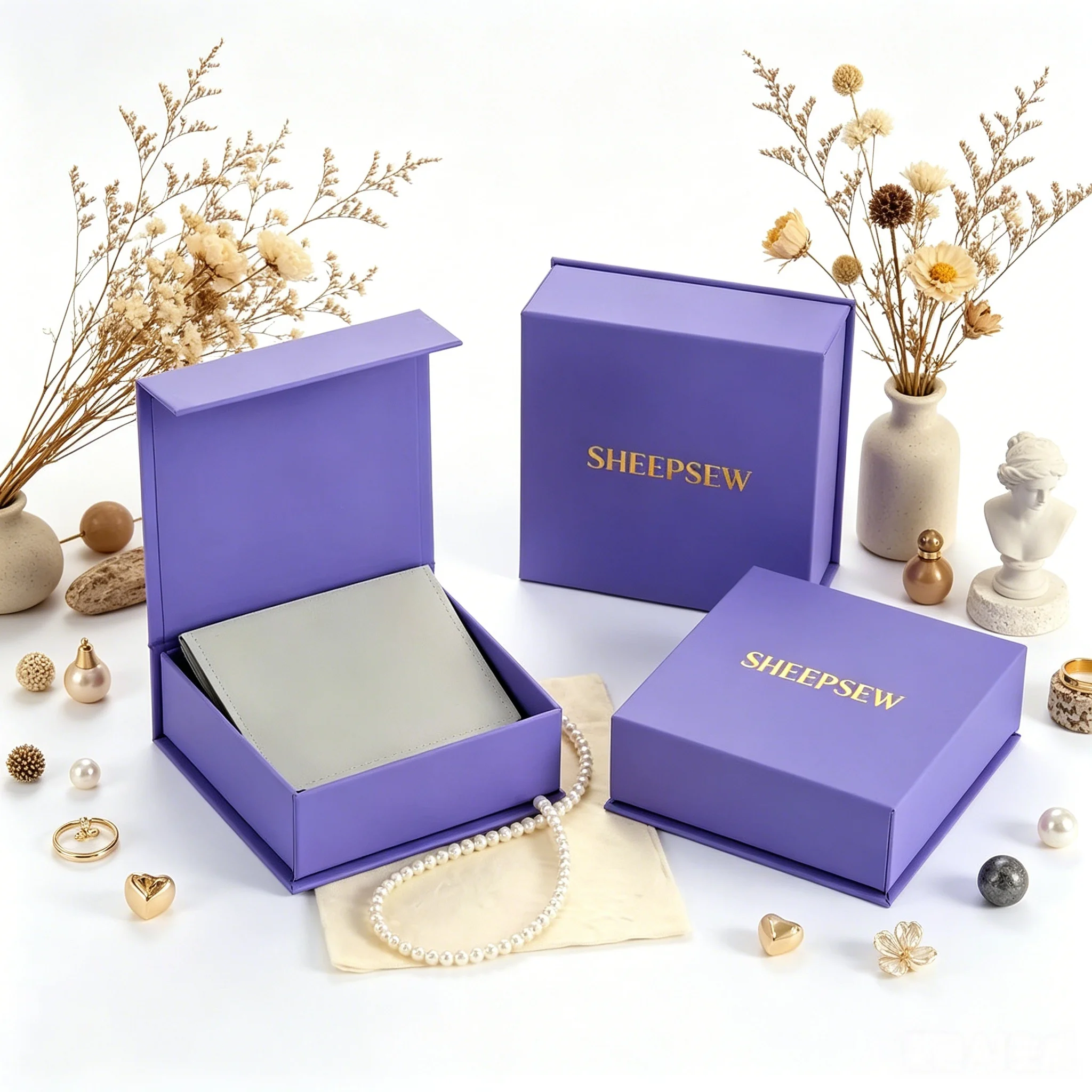 SHEEPSEW Folding Magnet Closure Jewelry Packaging Box Custom Logo Paper Box with Microfiber Pouch
SHEEPSEW Folding Magnet Closure Jewelry Packaging Box Custom Logo Paper Box with Microfiber Pouch