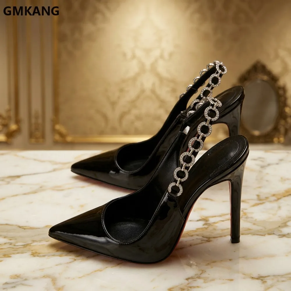 GMKANG Patent Leather Pointed Toe Slingback Heels, Super High Stiletto Heels for Women, Modern Rhinestone Chain Sandals
GMKANG Patent Leather Pointed Toe Slingback Heels, Super High Stiletto Heels for Women, Modern Rhinestone Chain Sandals