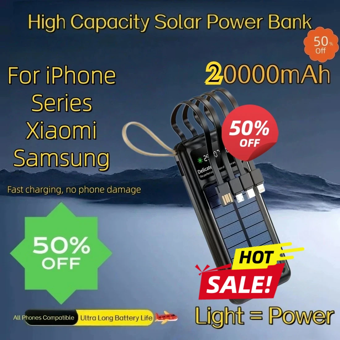 For iPhone & Android 20000mAh Solar Power Bank Built-in Cable LED Flashlight Waterproof Outdoor Fast Charging Mobile Power Bank
For iPhone & Android 20000mAh Solar Power Bank Built-in Cable LED Flashlight Waterproof Outdoor Fast Charging Mobile Power Bank