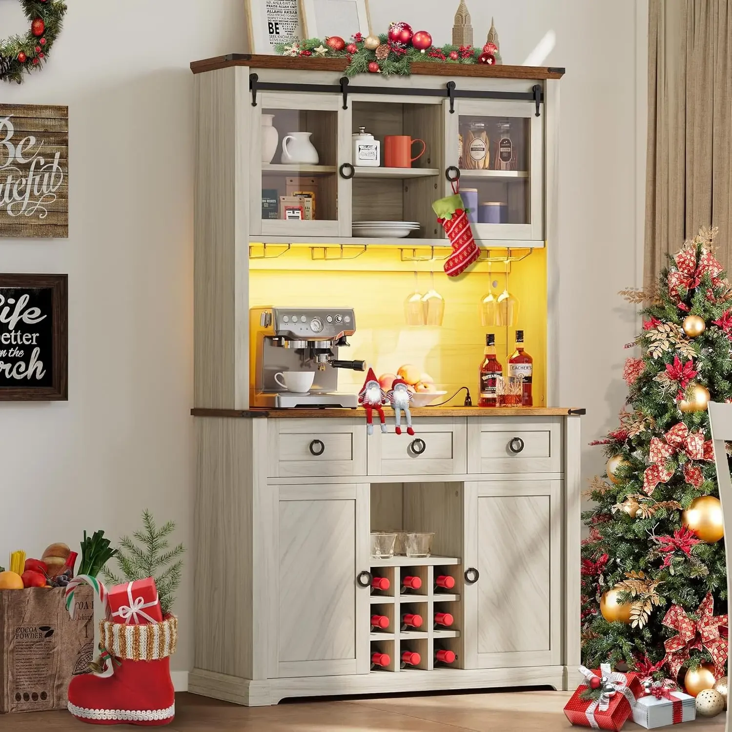 72" Farmhouse Bar Cabinet with Bottle Rack and Wine Glass Holde Wine Cabinet with 3 Drawers,Coffee Bar Sideboard with LED
72" Farmhouse Bar Cabinet with Bottle Rack and Wine Glass Holde Wine Cabinet with 3 Drawers,Coffee Bar Sideboard with LED