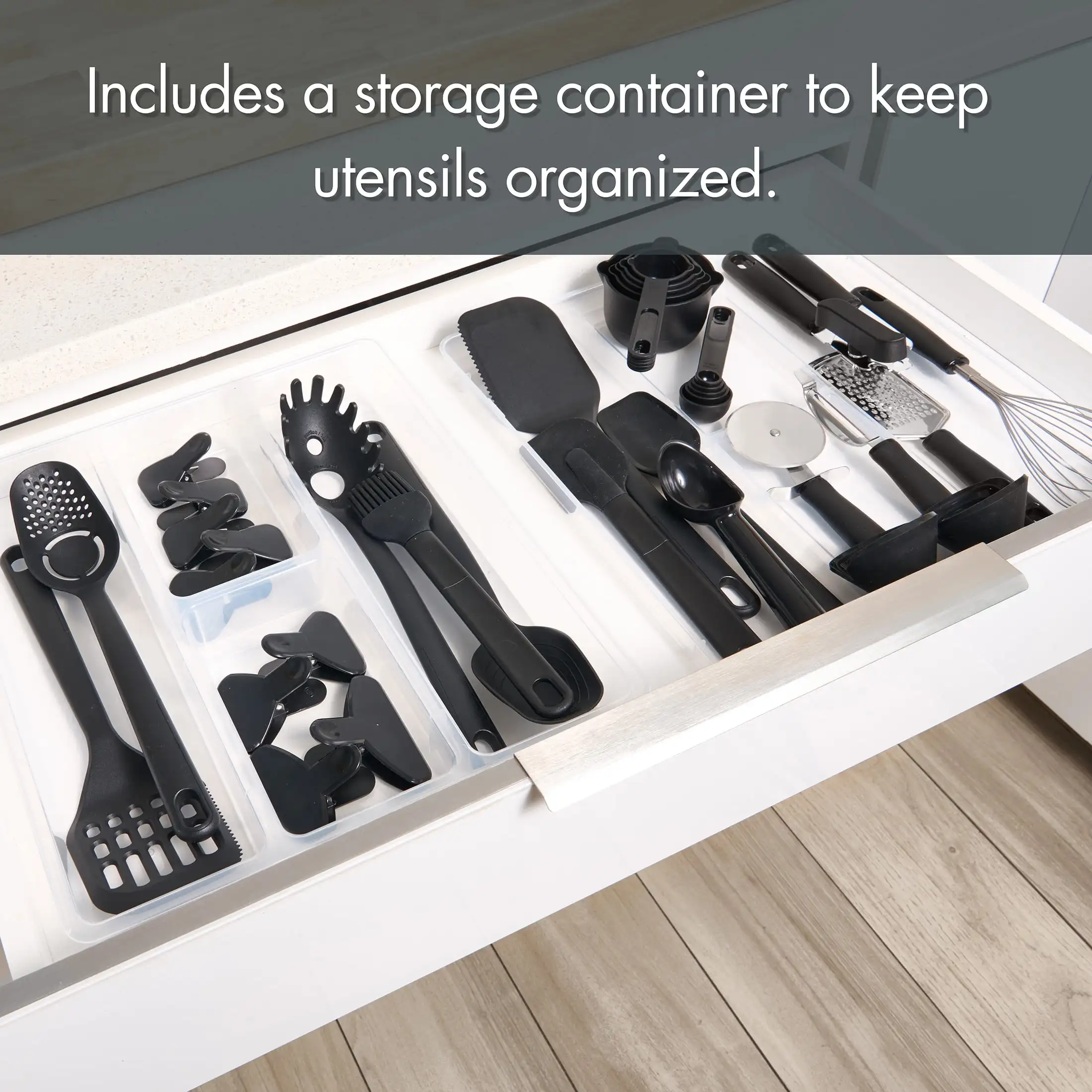 36 Piece Kitchen Gadget Set with Kitchen Cooking Utensils, and Drawer Organizer, Black
36 Piece Kitchen Gadget Set with Kitchen Cooking Utensils, and Drawer Organizer, Black