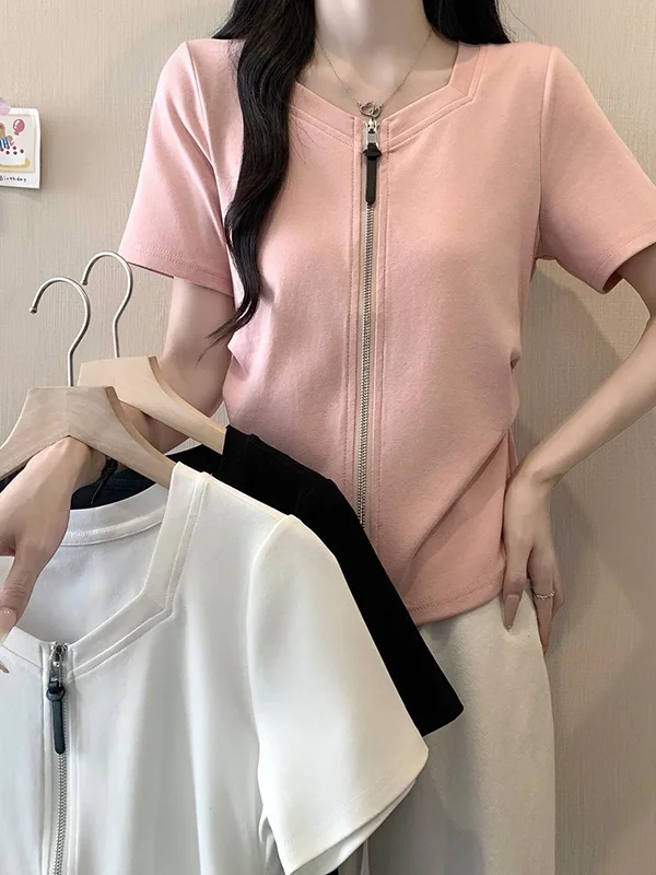 plus Size Slimming Short Sleeve T-Shirt Dual Zipper Versatile Stylish Design Commute Style Korean Version Summer New Arrival
plus Size Slimming Short Sleeve T-Shirt Dual Zipper Versatile Stylish Design Commute Style Korean Version Summer New Arrival