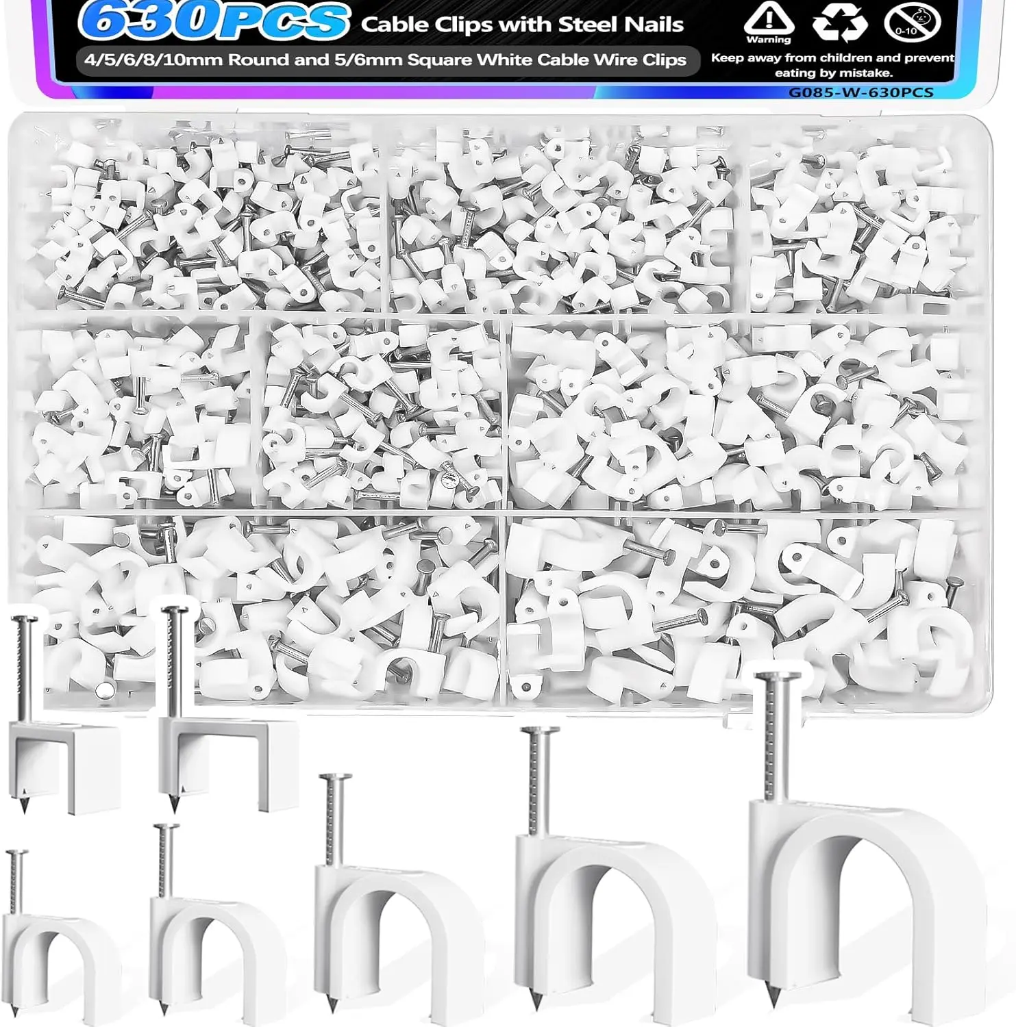 630PCS Cable Clips with Steel Nails, 4-10mm Round & 5-6mm Square, Wall Wire Organizer for Coax, Ethernet, Speaker Cables
630PCS Cable Clips with Steel Nails, 4-10mm Round & 5-6mm Square, Wall Wire Organizer for Coax, Ethernet, Speaker Cables