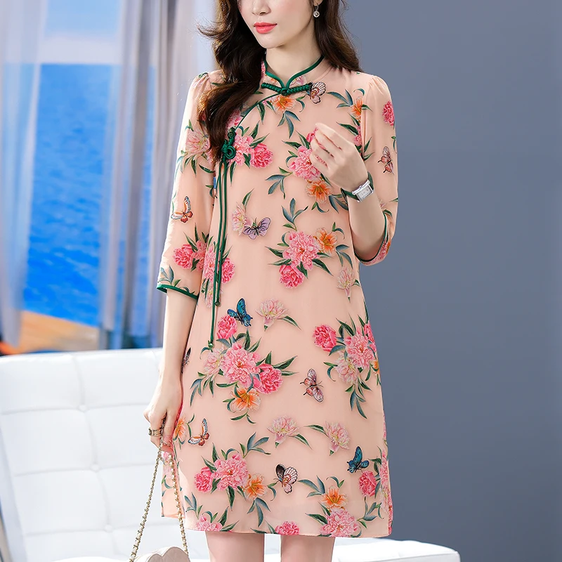 Vintage Dresses For Women Summer Three Quarter Sleeve Elegant Floral Print Dress 100% Real Silk Woman Cheongsam Dress A-line
Vintage Dresses For Women Summer Three Quarter Sleeve Elegant Floral Print Dress 100% Real Silk Woman Cheongsam Dress A-line