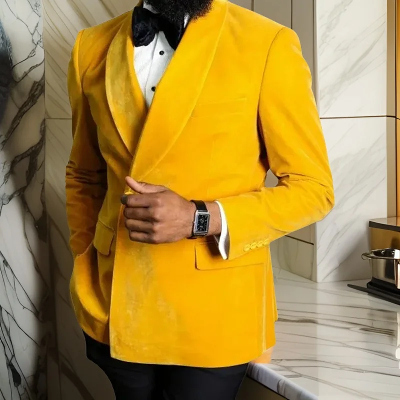 Yellow Velvet Suits for Men African Double Breasted 2 Pieces Jacket Wedding Groom Tuxedo Fashion Set Blazer with Black Pants
Yellow Velvet Suits for Men African Double Breasted 2 Pieces Jacket Wedding Groom Tuxedo Fashion Set Blazer with Black Pants