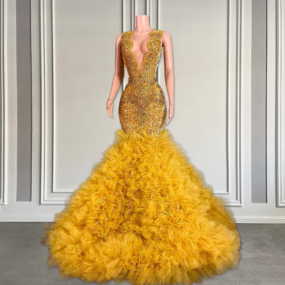 Luxury Gold Diamond Ruffle Prom Dresses 2024 Long Sheer O-neck Black Girls Crystal Mermaid Prom Formal Party Gowns
Luxury Gold Diamond Ruffle Prom Dresses 2024 Long Sheer O-neck Black Girls Crystal Mermaid Prom Formal Party Gowns