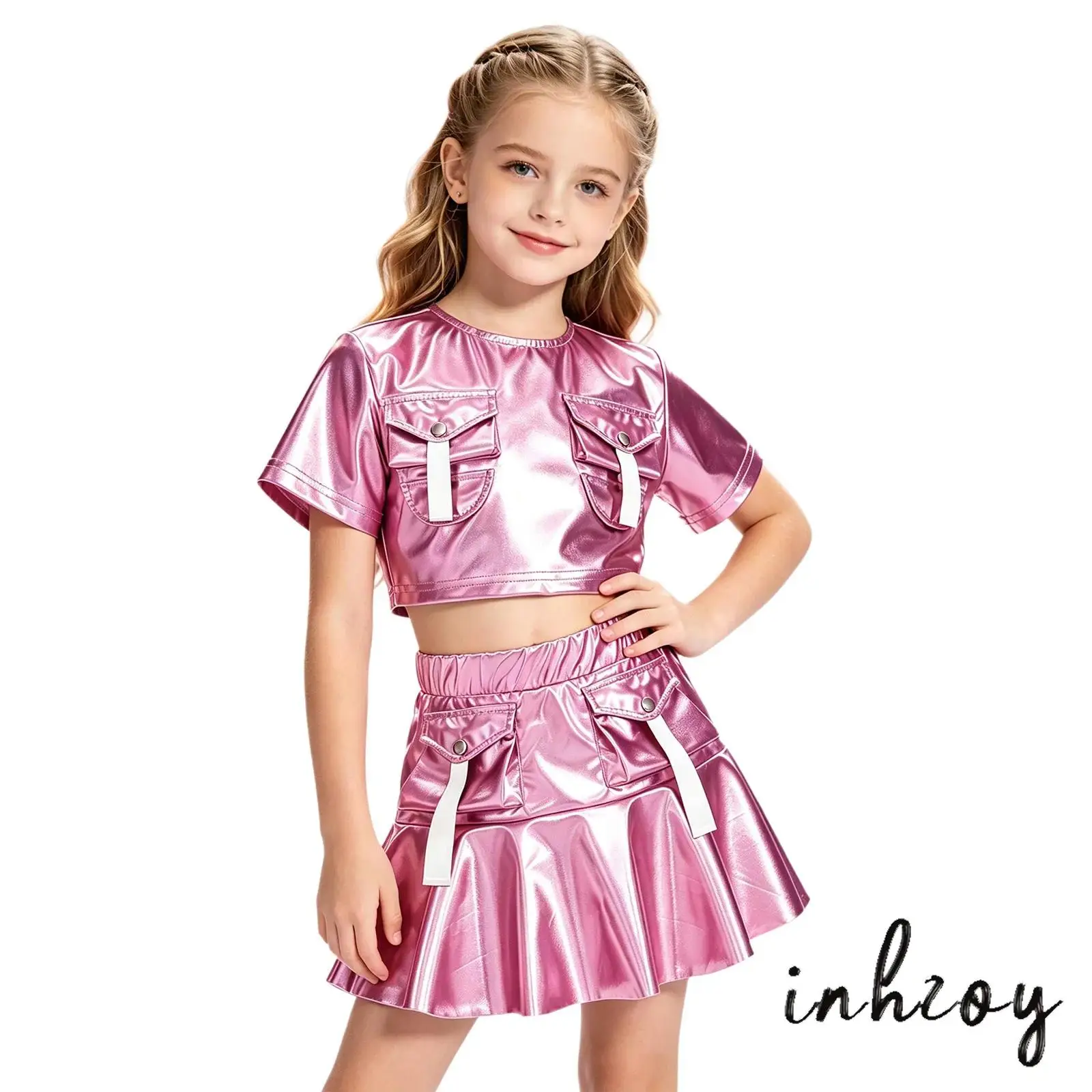 Girls Flap Pockets Metallic Hip-hop Jazz Dance Outfit Short Sleeve Round Neck Crop Top with Ruffle Cargo Skirt Disco Dancewear
Girls Flap Pockets Metallic Hip-hop Jazz Dance Outfit Short Sleeve Round Neck Crop Top with Ruffle Cargo Skirt Disco Dancewear