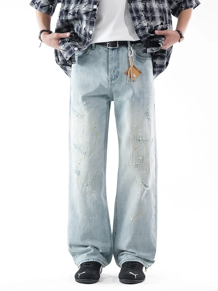 Men Light Blue Wide Leg Jeans Paint Splatter Distressed Stitched Vintage Streetwear Patchwork Loose Denim Pants No Accessories
Men Light Blue Wide Leg Jeans Paint Splatter Distressed Stitched Vintage Streetwear Patchwork Loose Denim Pants No Accessories