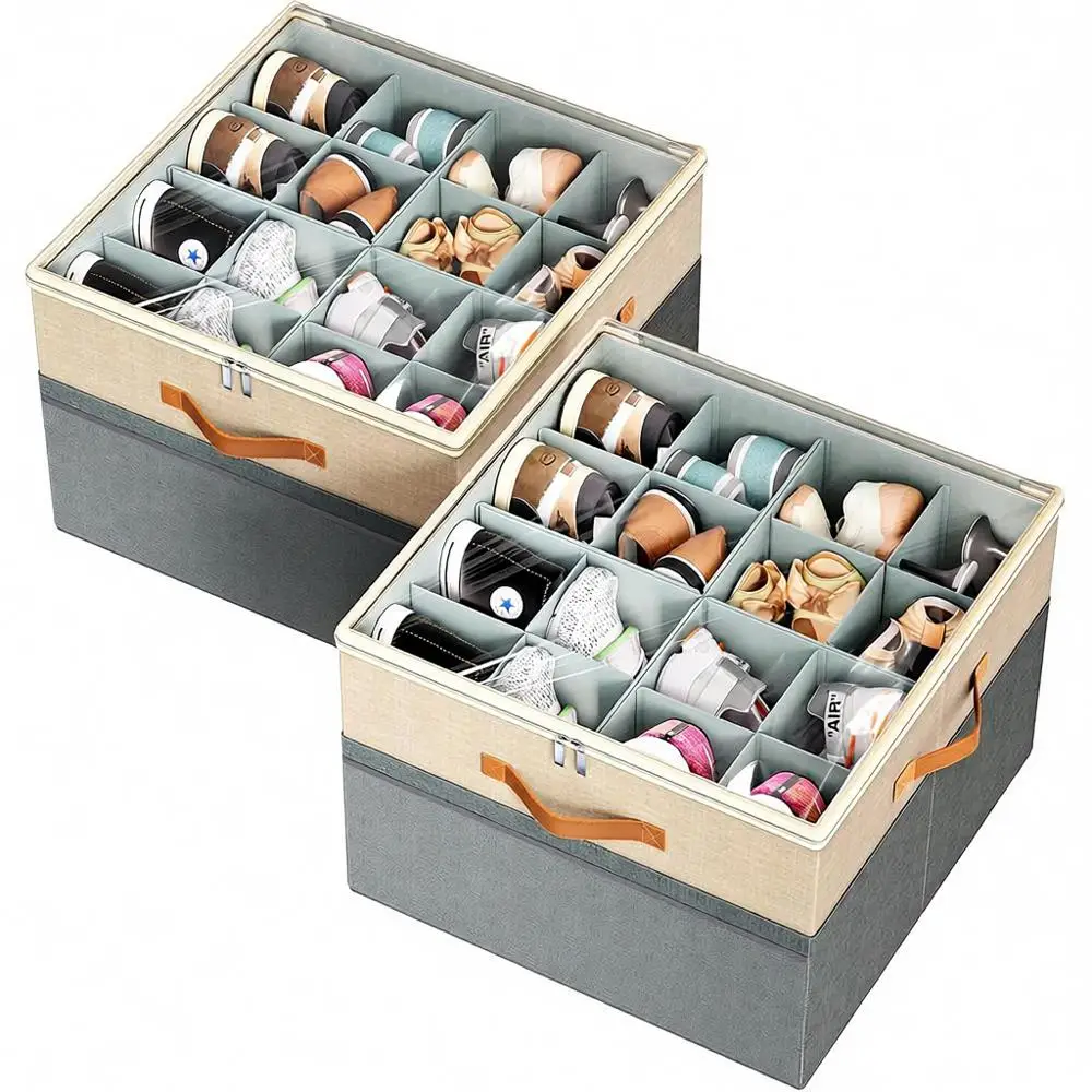 2 Pack Foldable Shoe Storage Organizer Bin with Adjustable Dividers and Clear Cover, 16-32 Pairs, Grey & Beige
2 Pack Foldable Shoe Storage Organizer Bin with Adjustable Dividers and Clear Cover, 16-32 Pairs, Grey & Beige