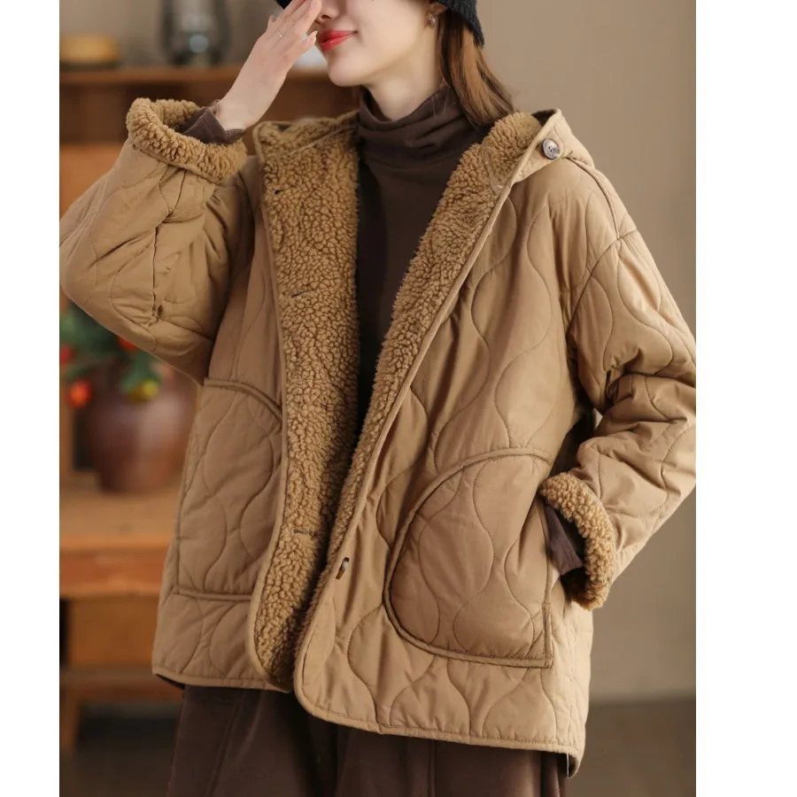 Winter Thiened Cotton Jaet Women's Faionable Hooded Warmth Pure Cotton Lamb Velvet Coat Regular Length Long Sve
Winter Thiened Cotton Jaet Women's Faionable Hooded Warmth Pure Cotton Lamb Velvet Coat Regular Length Long Sve