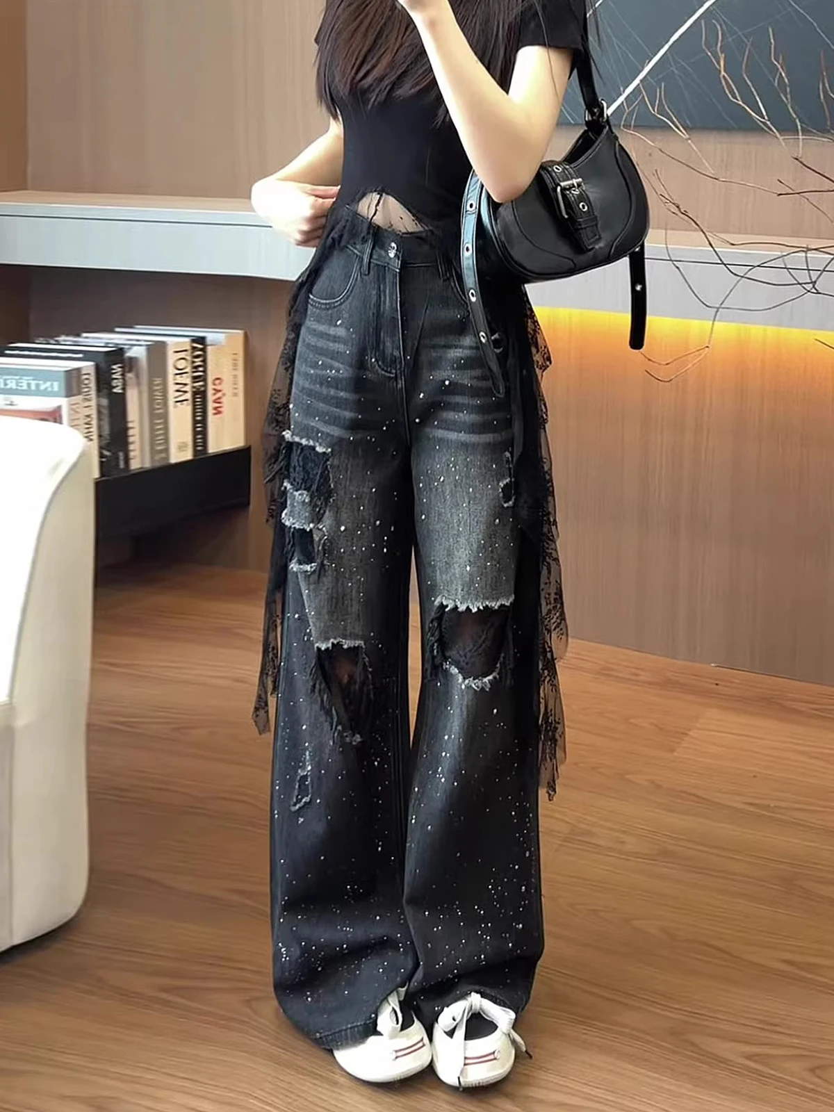 Black Grey Lace Diamond Embellished Wide Leg Denim Jeans Women's Summer Trendy Small Size Slim Straight Cut Casual Pants
Black Grey Lace Diamond Embellished Wide Leg Denim Jeans Women's Summer Trendy Small Size Slim Straight Cut Casual Pants