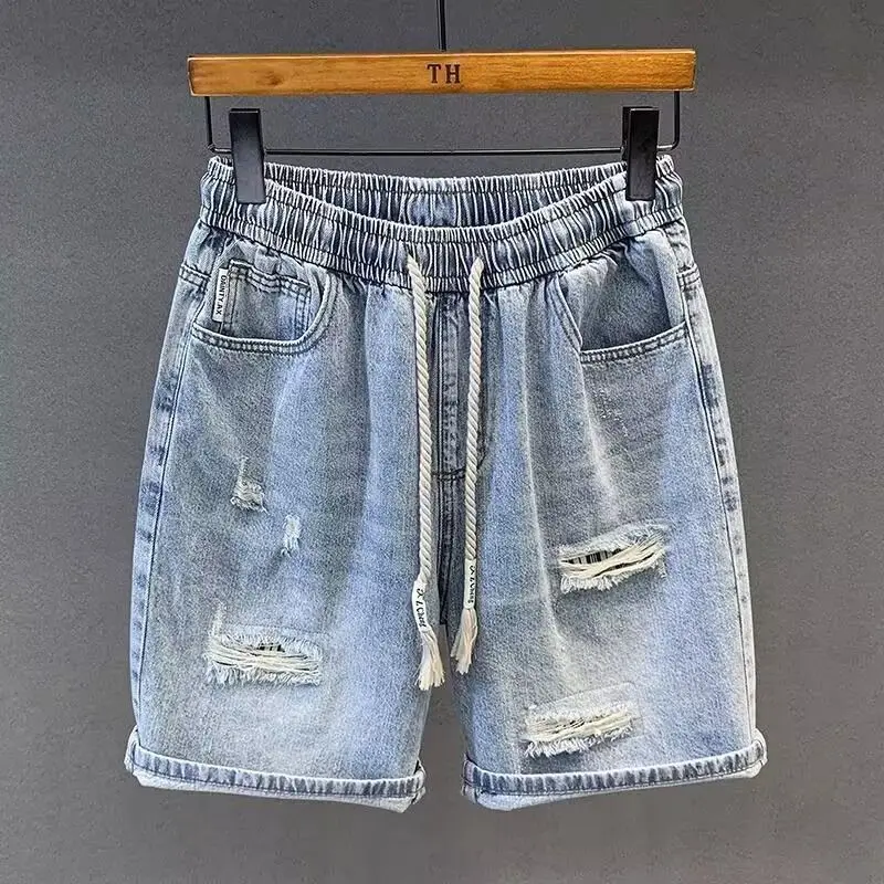 Drawstring 2025 Elastic Waist Washed Ripped Denim Shorts Men's Trendy Five-point Pants Japanese Loose Straight Summer Pants Men
Drawstring 2025 Elastic Waist Washed Ripped Denim Shorts Men's Trendy Five-point Pants Japanese Loose Straight Summer Pants Men