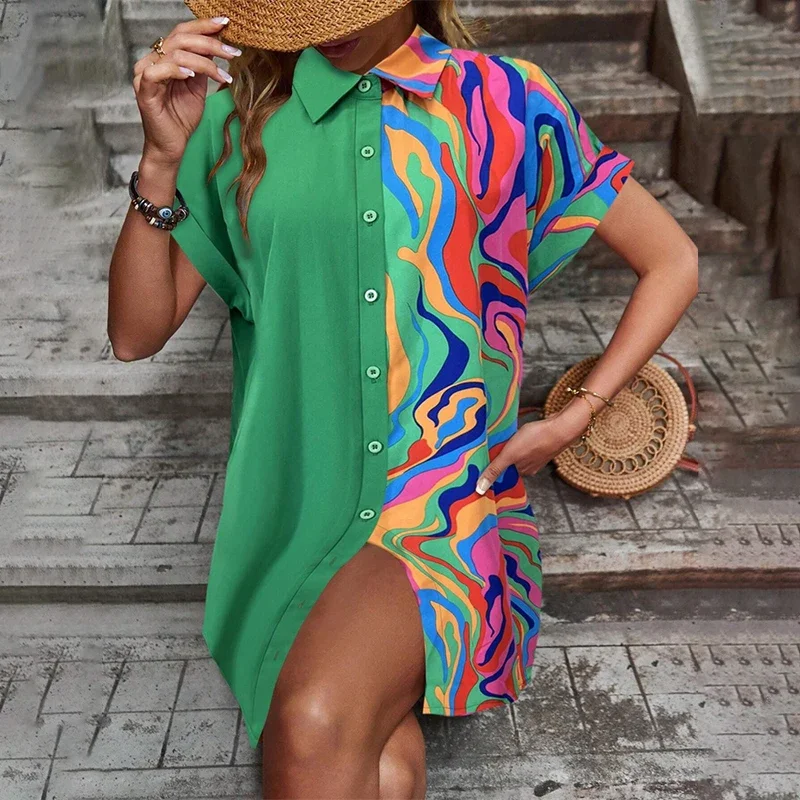2025 New Women's Casual Shirt Summer Dress Texture Patchwork Printed Single-Breasted Short-Sleeve Shirt Dress Street Clothing
2025 New Women's Casual Shirt Summer Dress Texture Patchwork Printed Single-Breasted Short-Sleeve Shirt Dress Street Clothing