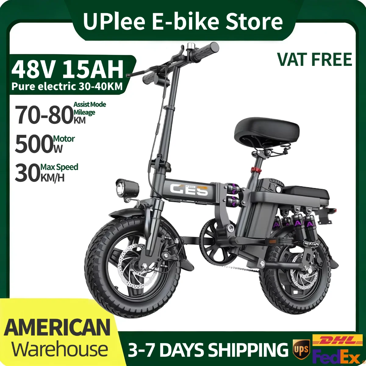 UPlee GE5 48V 15AH Battery Electric Bike Adults 30KM/H 500W motor 14" Fat Tire Folding Electric Bike 40 Miles Max Range e Bike
UPlee GE5 48V 15AH Battery Electric Bike Adults 30KM/H 500W motor 14" Fat Tire Folding Electric Bike 40 Miles Max Range e Bike