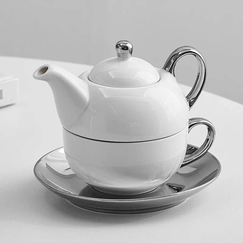 White Ceramic Tea for One Set with Silver/Gold-Plated Handle, 450ml Teapot & 350ml Coffee Cup with Saucer
White Ceramic Tea for One Set with Silver/Gold-Plated Handle, 450ml Teapot & 350ml Coffee Cup with Saucer