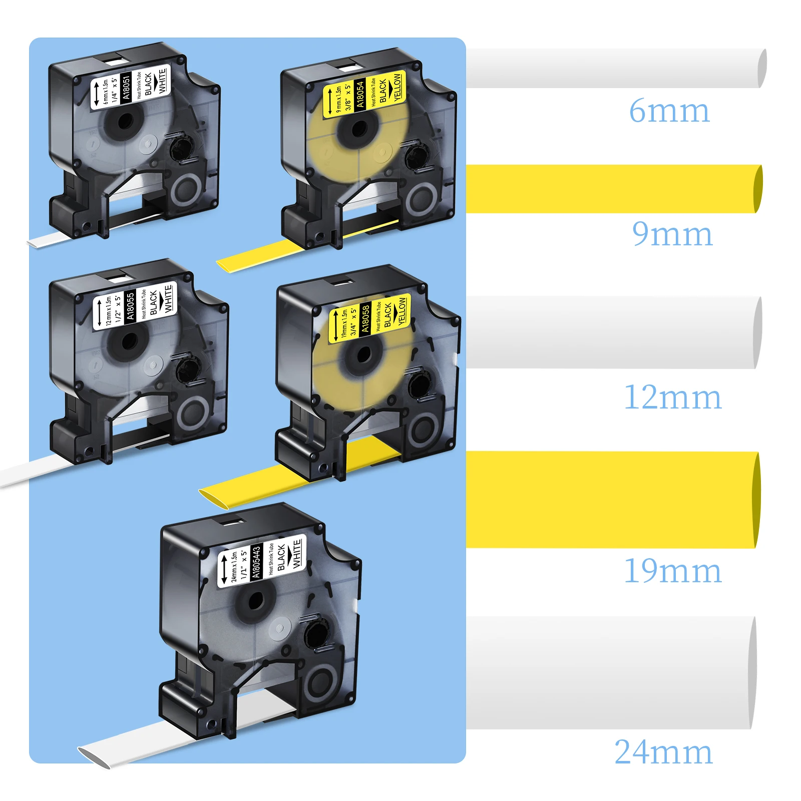 3-10PK 6/9/12/19/24mm Heat-Shrink Tubes Compatible for Dymo 18051 18052 18055 Labels Black on White for DYMO Rhino 4000 5000
3-10PK 6/9/12/19/24mm Heat-Shrink Tubes Compatible for Dymo 18051 18052 18055 Labels Black on White for DYMO Rhino 4000 5000