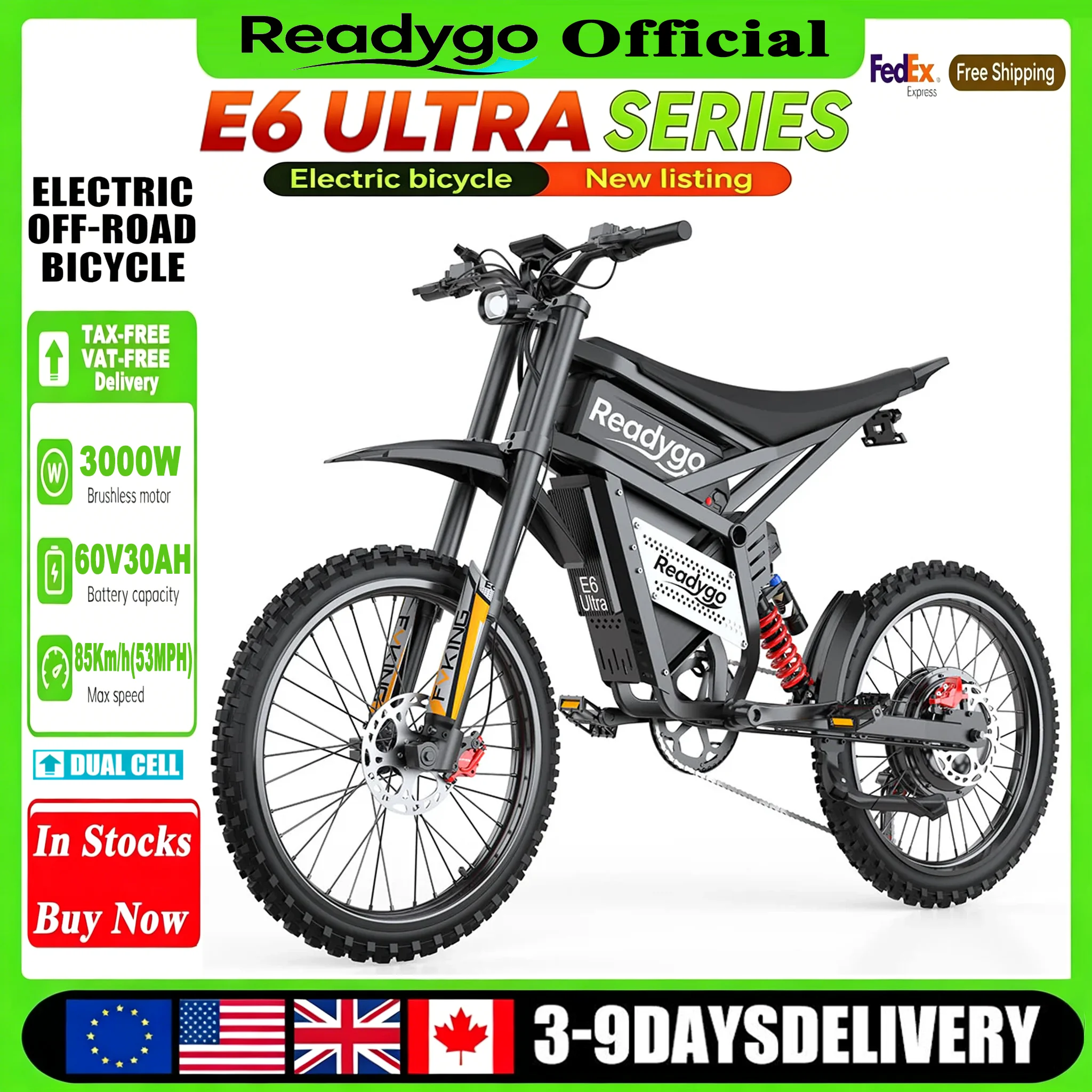 Электровелосипед Readygo E6 Ultra для взрослых, внедорожный, с бесщеточным безредукторным двигателем 3000 Вт, литиевой батареей 60В 30Ач, скорость до 85 км/ч
Электровелосипед Readygo E6 Ultra для взрослых, внедорожный, с бесщеточным безредукторным двигателем 3000 Вт, литиевой батареей 60В 30Ач, скорость до 85 км/ч