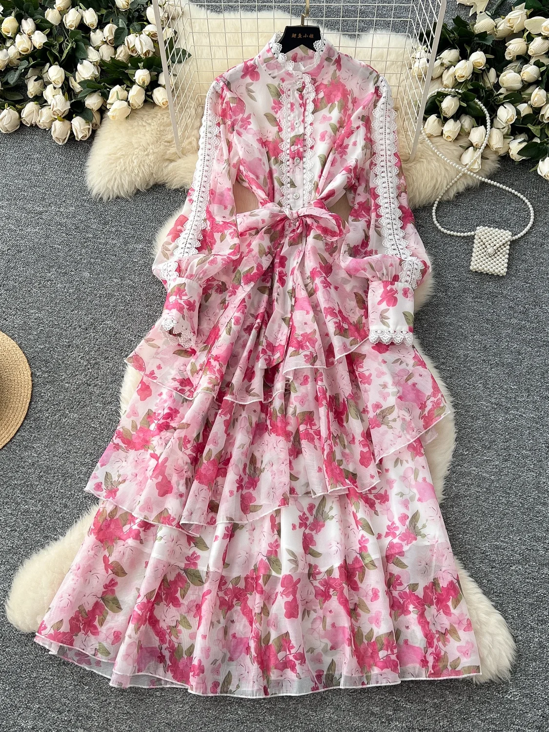 Ele Lace Splicing Stand Collar Belted Waist Gored Skirt Long Dr Korean Sle High Waist Long Sve Spring Faion
Ele Lace Splicing Stand Collar Belted Waist Gored Skirt Long Dr Korean Sle High Waist Long Sve Spring Faion