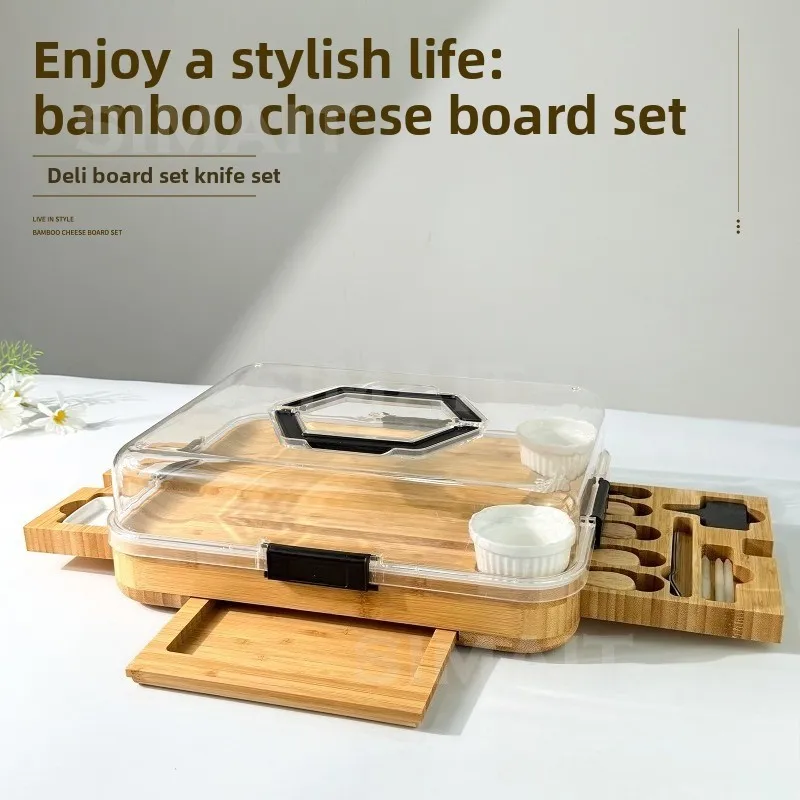 Cheese Tray with Transparent Lid, Knife and Fork Tools, Bamboo and Wood Multi-grid Dinner Plate, Party Cutting Board Tray.
Cheese Tray with Transparent Lid, Knife and Fork Tools, Bamboo and Wood Multi-grid Dinner Plate, Party Cutting Board Tray.