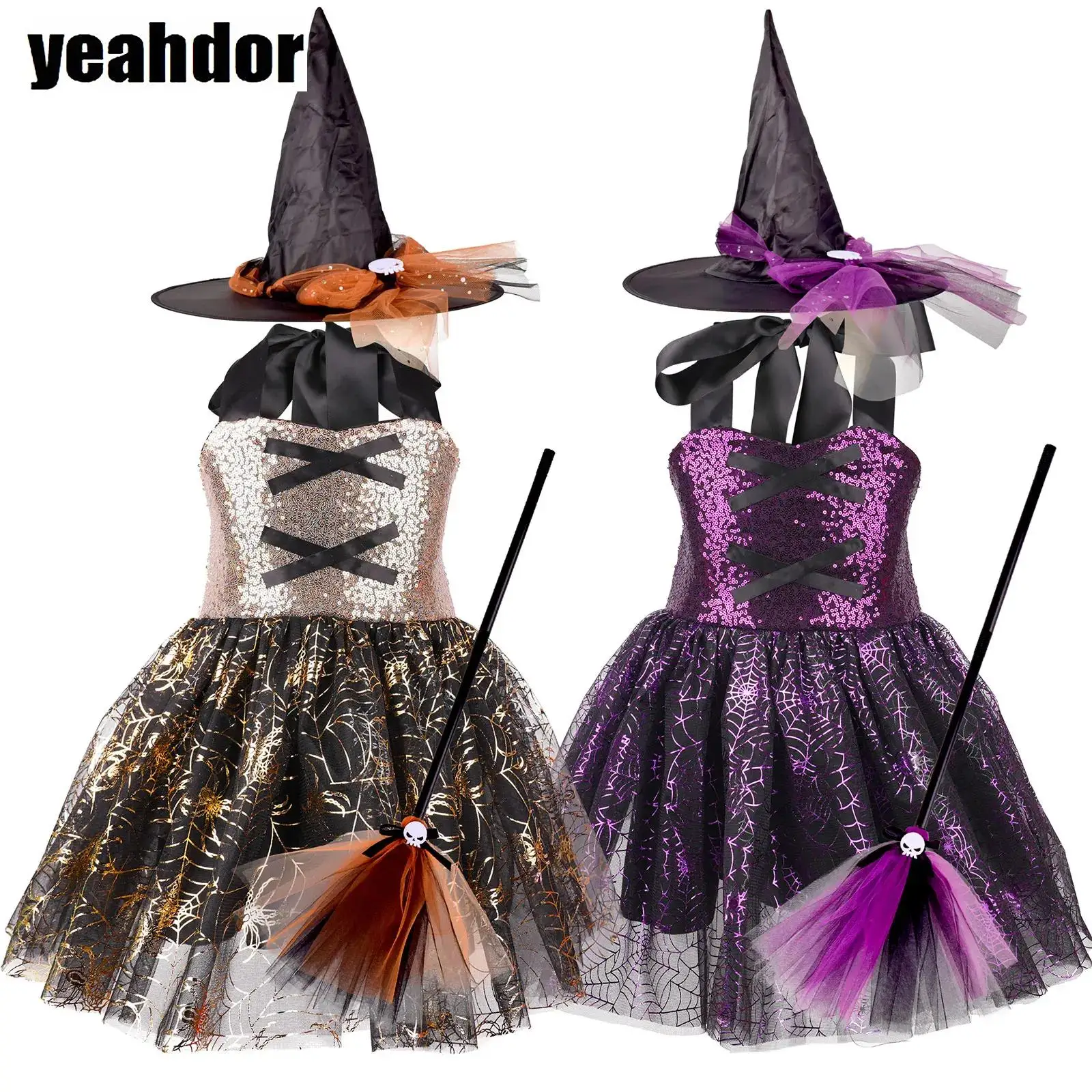 Girls Cosplay Witch Costume Tie-Up Halter Shiny Sequin Print Puffy Dress+Witch Hat+Broom Halloween Fairytale Wizard Costume Set
Girls Cosplay Witch Costume Tie-Up Halter Shiny Sequin Print Puffy Dress+Witch Hat+Broom Halloween Fairytale Wizard Costume Set