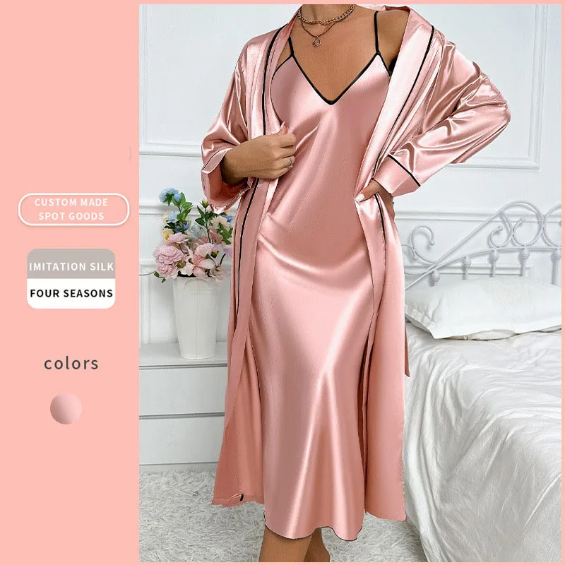 New ice silk nightgown female sexy can be worn outside the home clothing simulation silk cardigan with halter skirt robe suit
New ice silk nightgown female sexy can be worn outside the home clothing simulation silk cardigan with halter skirt robe suit