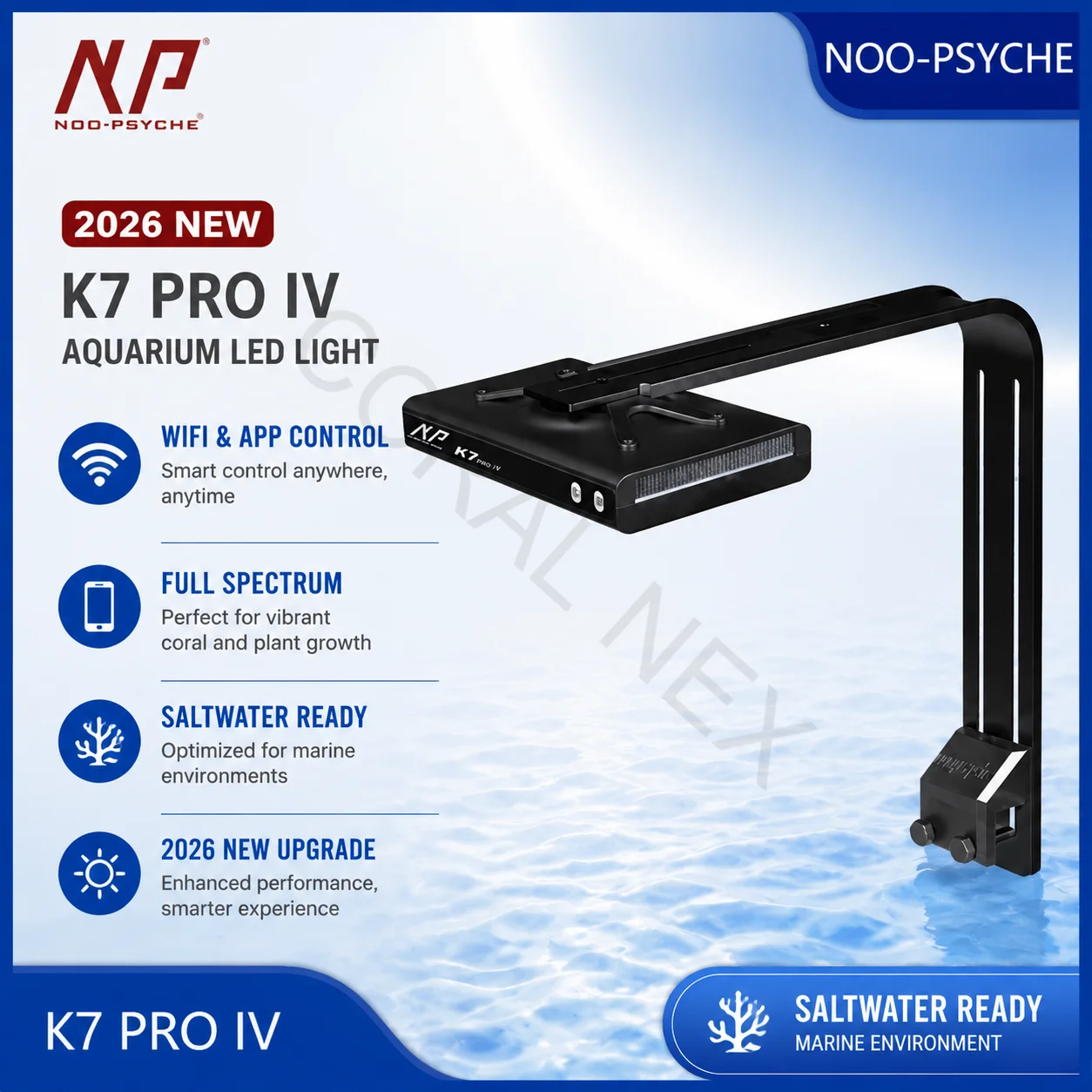 2026 New V4 NooPsyche K7 PRO IV 100W WiFi App Controlled Full Spectrum Marine LED Light for Saltwater Coral Reef SPS LPS
2026 New V4 NooPsyche K7 PRO IV 100W WiFi App Controlled Full Spectrum Marine LED Light for Saltwater Coral Reef SPS LPS