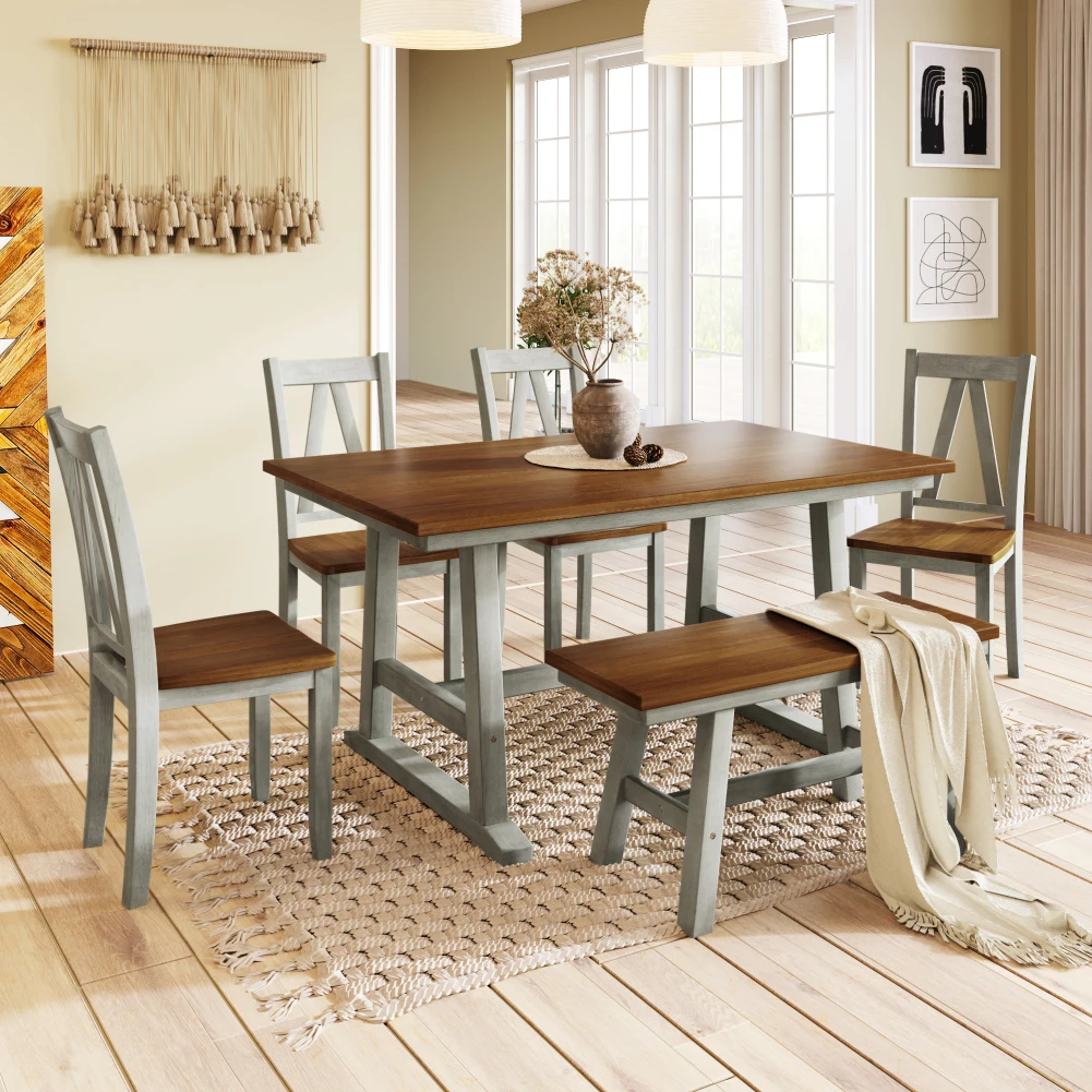 6-Piece Wood Dining Table Set, Kitchen Table Set With 1 Long Bench And 4 Dining Chairs, Dining Table Set For Kitchen
6-Piece Wood Dining Table Set, Kitchen Table Set With 1 Long Bench And 4 Dining Chairs, Dining Table Set For Kitchen