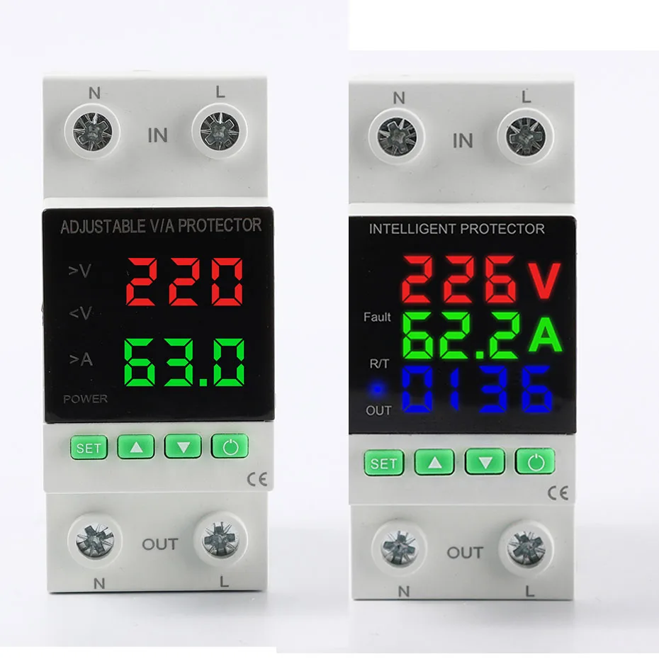 Overvoltage and undervoltage protector with self resetting household 220V voltage limit, overcurrent overload power limitation
Overvoltage and undervoltage protector with self resetting household 220V voltage limit, overcurrent overload power limitation