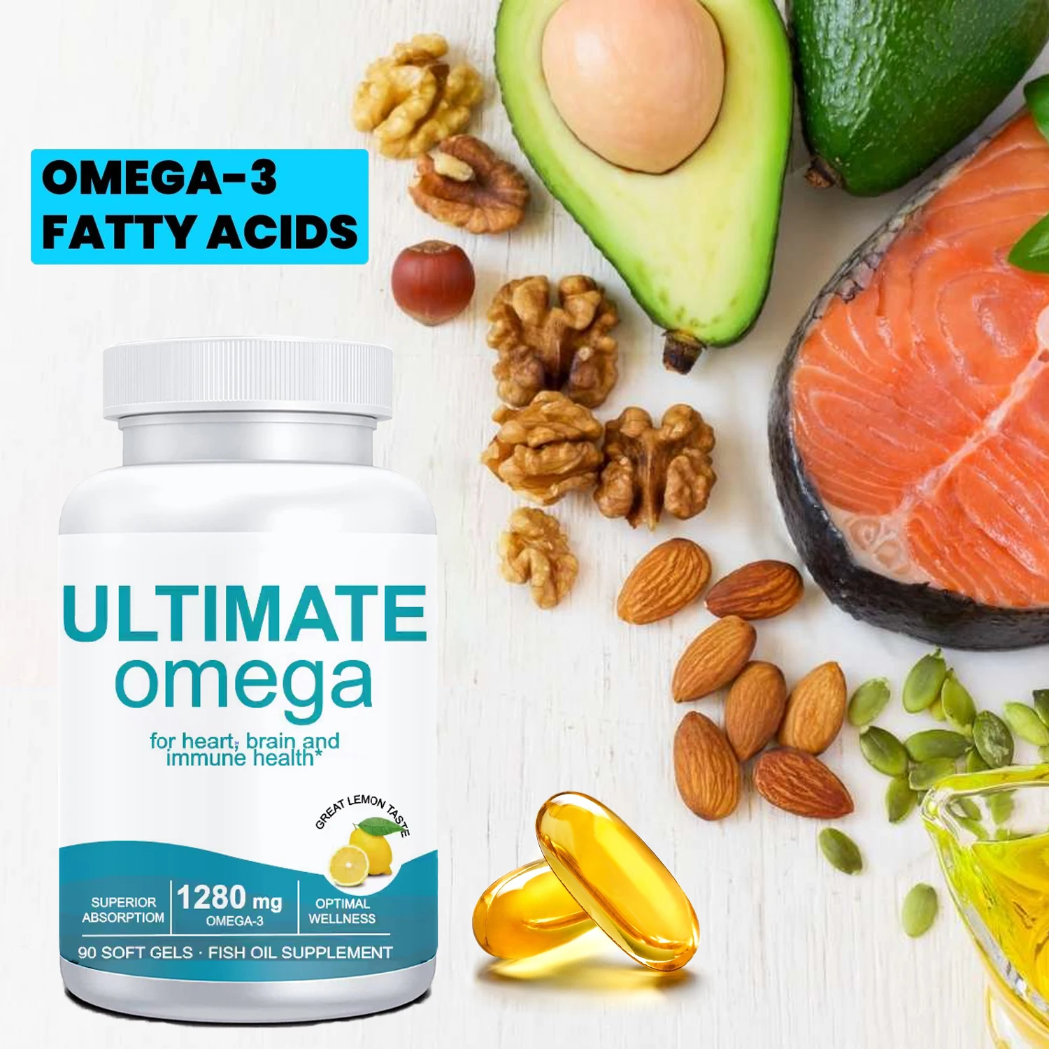 Ultimate Omega Fish Oil Supplement 1280 mg Omega-3 High Potency Fish Oil with EPA & DHA - Promotes Brain & Heart Health,NON-GMO
Ultimate Omega Fish Oil Supplement 1280 mg Omega-3 High Potency Fish Oil with EPA & DHA - Promotes Brain & Heart Health,NON-GMO