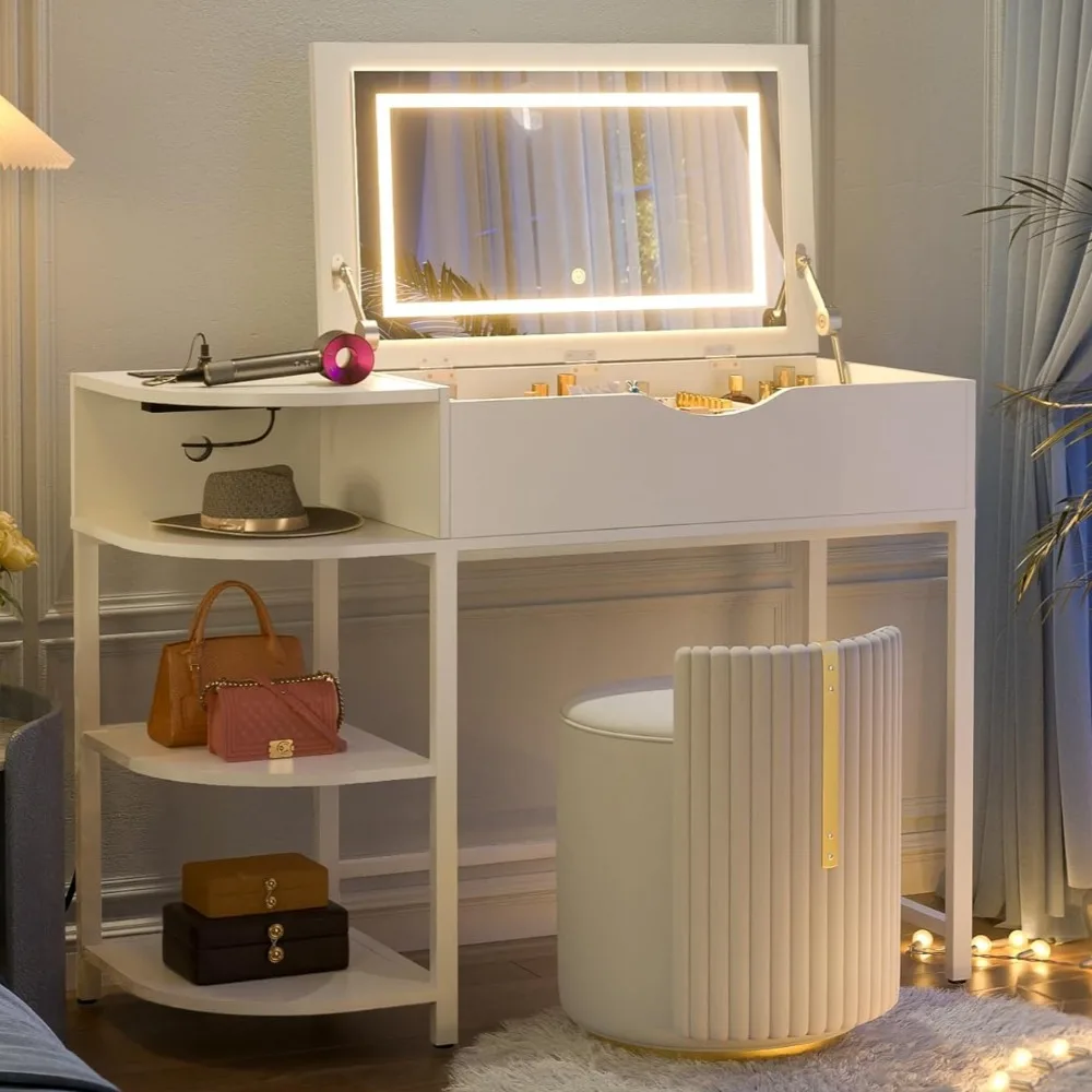 Dressing table with flip mirror and lighting, dressing table with drawers, dresser with storage rack and charging station
Dressing table with flip mirror and lighting, dressing table with drawers, dresser with storage rack and charging station
