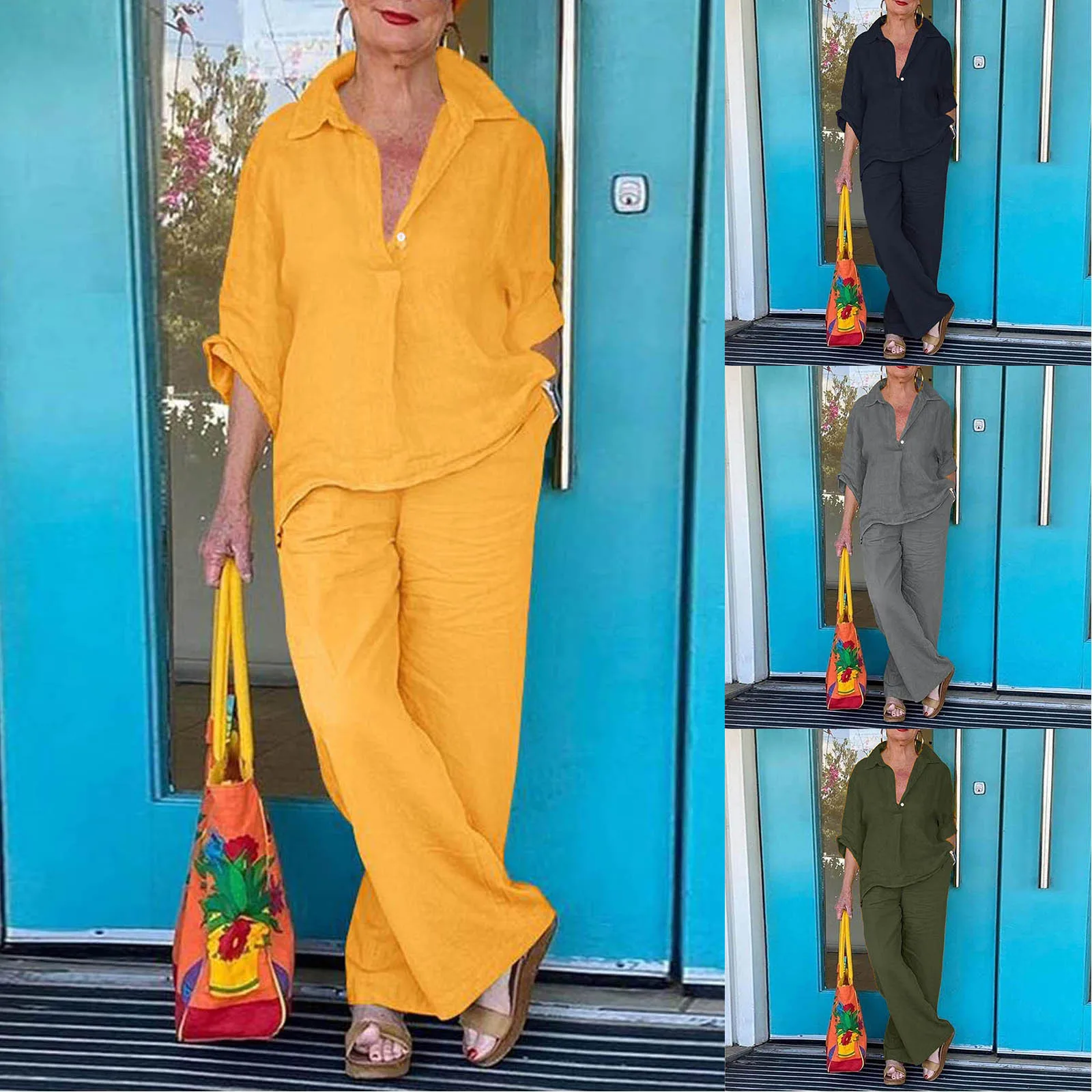 Womens Elastic Waist Comfortable Casual Short Sleeve Lapel Shirt Pants Suit 3/4 Sleeve Top Pants Suit Jumpsuit for Women Elegant
Womens Elastic Waist Comfortable Casual Short Sleeve Lapel Shirt Pants Suit 3/4 Sleeve Top Pants Suit Jumpsuit for Women Elegant