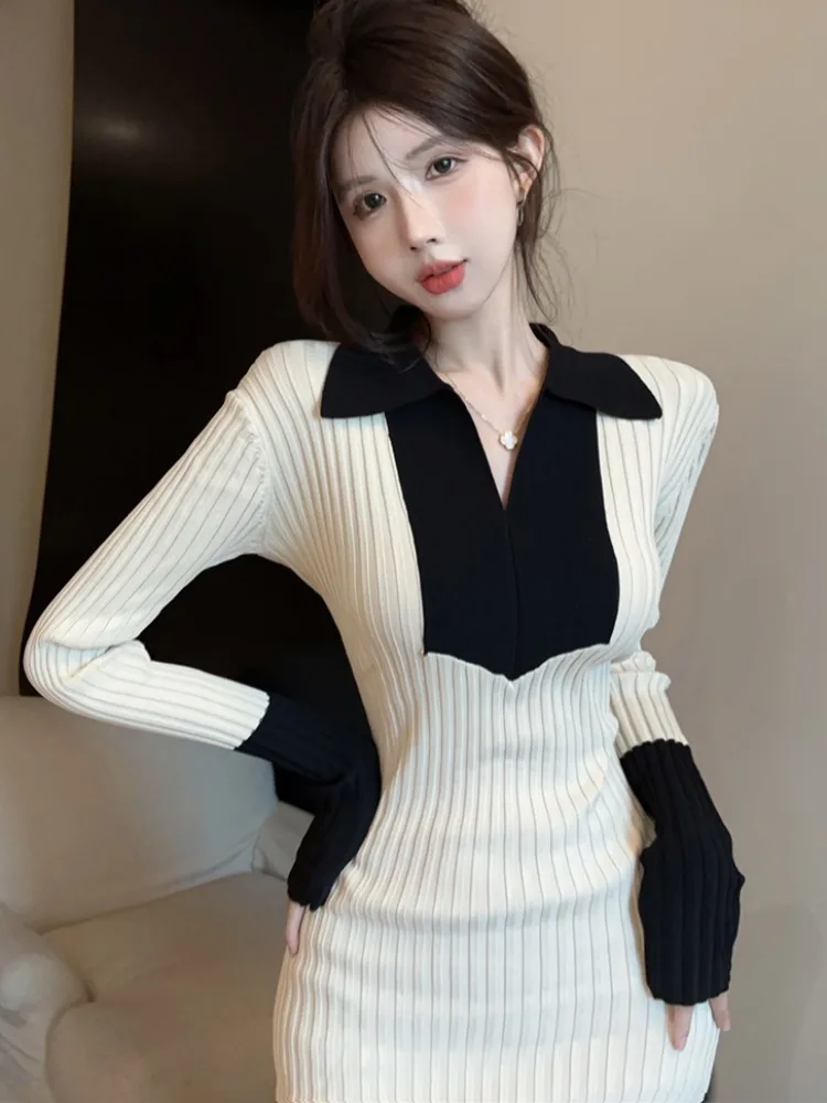 Korean Style Half Open Collar Splice Bodycon Dress Sexy Long Sleeve Knitted mid Length for Young Women
Korean Style Half Open Collar Splice Bodycon Dress Sexy Long Sleeve Knitted mid Length for Young Women