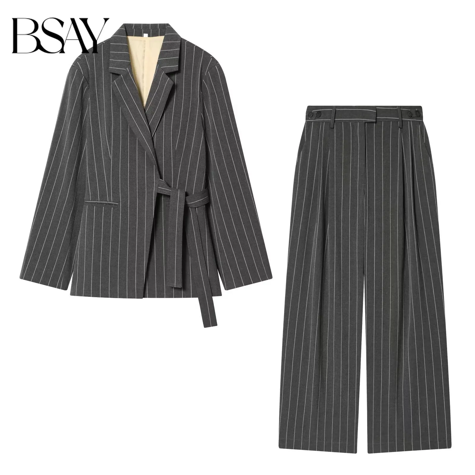 BSAY Striped 2 Piece Outfit Blazer Pants Set Lapel Tie Waist Suit Jacket High Waist Wide Leg Trousers Formal Office Two Piece
BSAY Striped 2 Piece Outfit Blazer Pants Set Lapel Tie Waist Suit Jacket High Waist Wide Leg Trousers Formal Office Two Piece