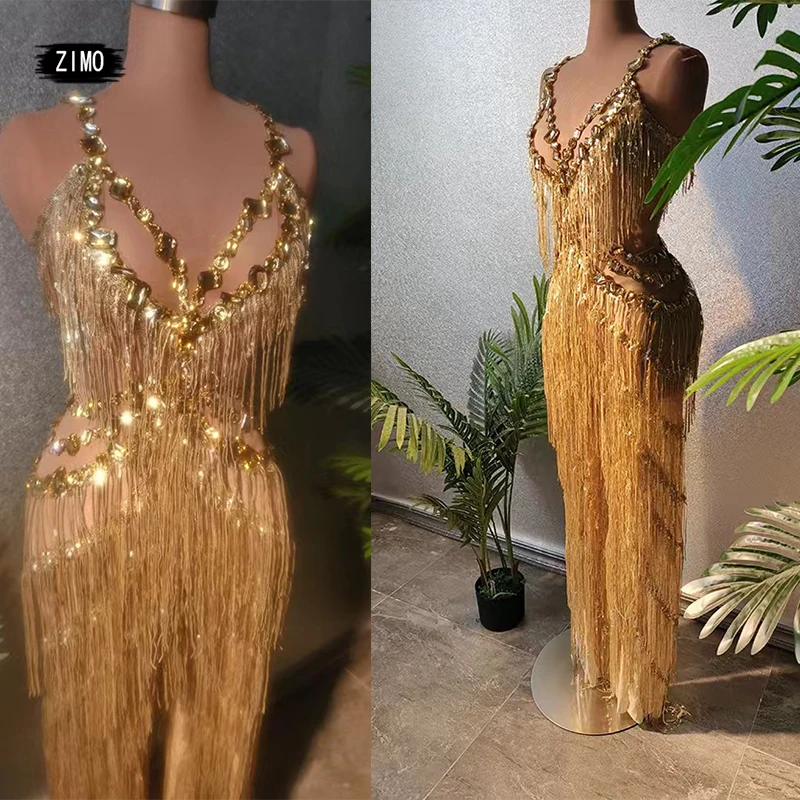fashion glitte Rhinestones sequin Gold Tassel crystal jumpsuit Women See-through mesh sexy Birthday Party DS Prom Stage Costumes
fashion glitte Rhinestones sequin Gold Tassel crystal jumpsuit Women See-through mesh sexy Birthday Party DS Prom Stage Costumes