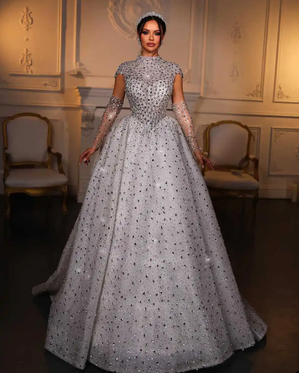 Heavy Handmade Beading Wedding Dresses Sparkly High Neck Removable Long Sleeve Bridal Gowns Sexy Bride Dress Customized
Heavy Handmade Beading Wedding Dresses Sparkly High Neck Removable Long Sleeve Bridal Gowns Sexy Bride Dress Customized