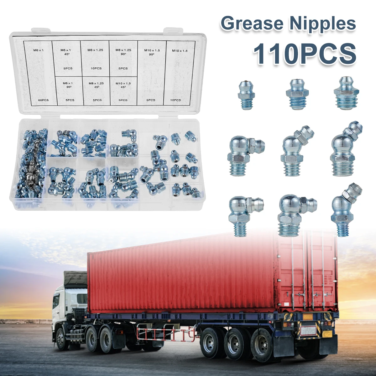 110 Pcs Grease Nipple Fittings Assortment Kit Straight 45/90° Angled Galvanized Metal Grease Nipple Set for Motorcycle Truck
110 Pcs Grease Nipple Fittings Assortment Kit Straight 45/90° Angled Galvanized Metal Grease Nipple Set for Motorcycle Truck
