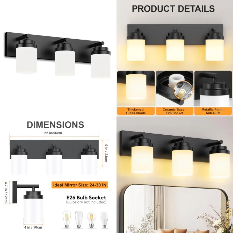 Bathroom Vanity Light Fixture, 22 Inch Matte Black Bathroom Light Fixtures Over Mirror, with White Glass Shade, Modern Farmhous
Bathroom Vanity Light Fixture, 22 Inch Matte Black Bathroom Light Fixtures Over Mirror, with White Glass Shade, Modern Farmhous