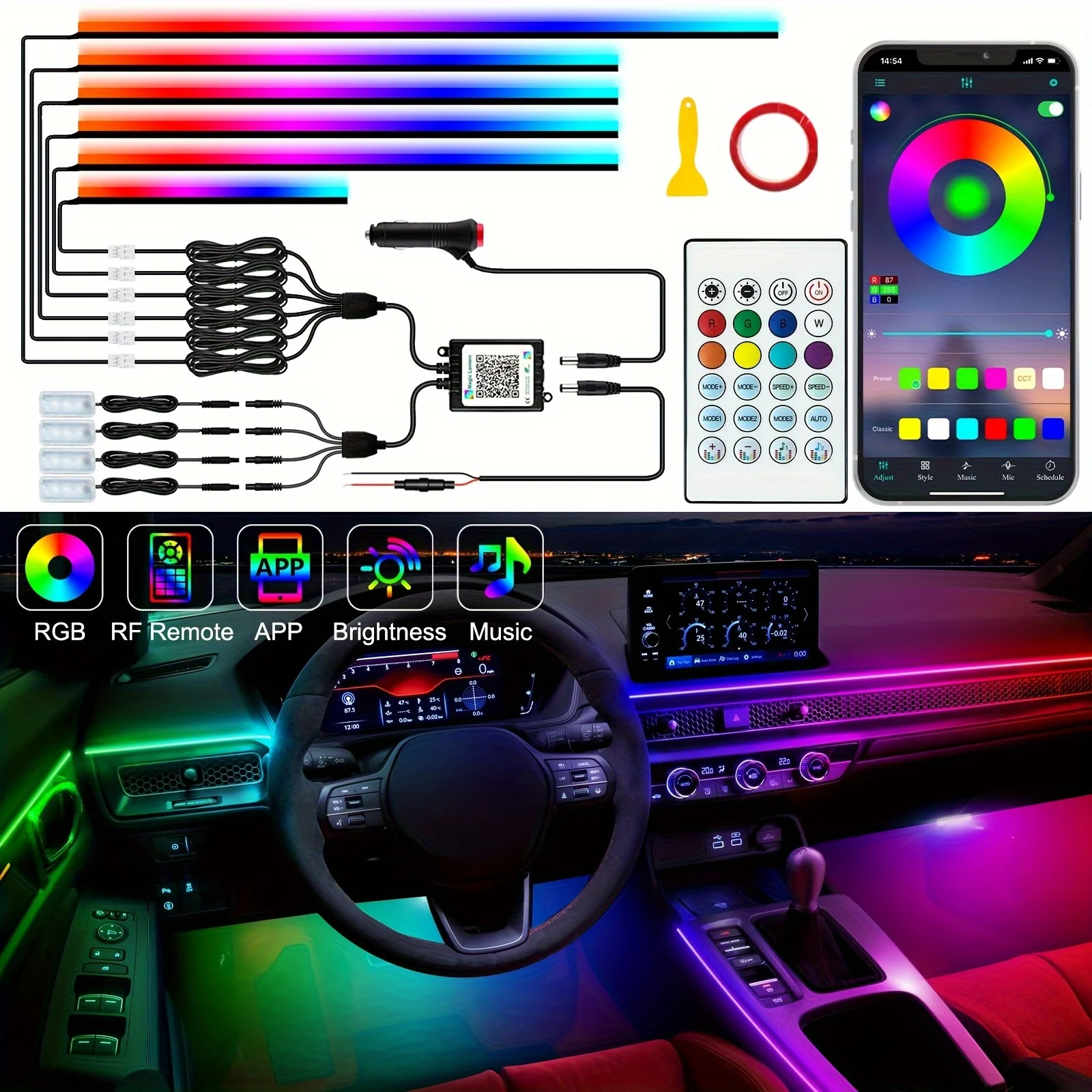 10 in 1 LED Car Interior Ambient Lights Dreamcolor Acrylic Light Strip Neon Music Sync Wireless APP Remote Auto Decorative Lamp
10 in 1 LED Car Interior Ambient Lights Dreamcolor Acrylic Light Strip Neon Music Sync Wireless APP Remote Auto Decorative Lamp