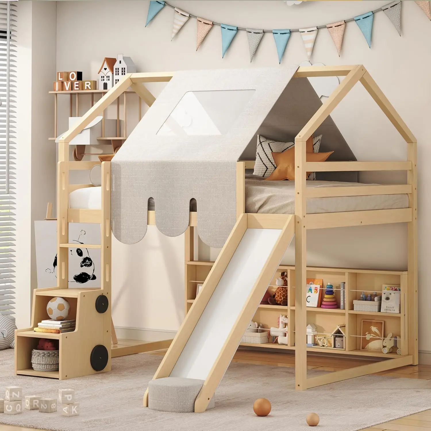 Playhouse Design Full Size Wood Loft Bed with Slide and Tent, Low Loft House Bed Frame with Storage Shelves and, Customized
Playhouse Design Full Size Wood Loft Bed with Slide and Tent, Low Loft House Bed Frame with Storage Shelves and, Customized