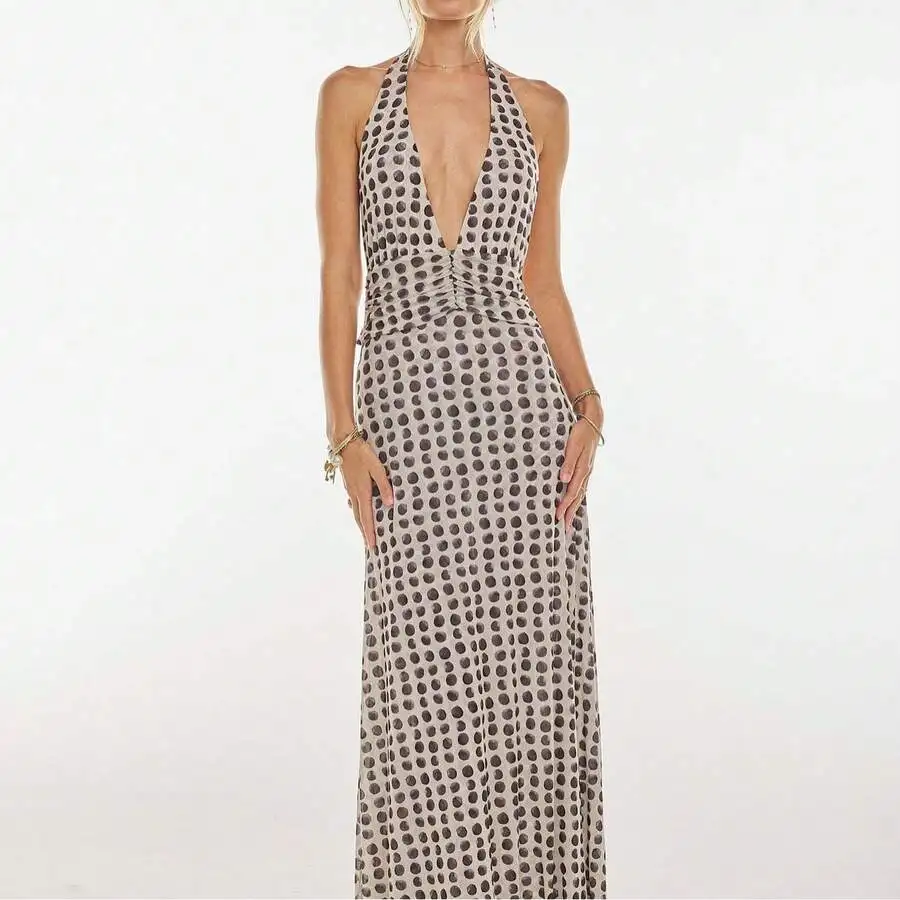 Womens Boho Polka Dot Halter Deep V Neck Ruched Waist Sleeveless Maxi Dress Summer Casual Formal
Womens Boho Polka Dot Halter Deep V Neck Ruched Waist Sleeveless Maxi Dress Summer Casual Formal