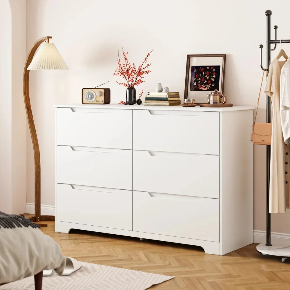 Bedroom Dressing Table, White 6 Drawer Dresser with Cutout Handles, Living Room Wooden Storage Cabinet
Bedroom Dressing Table, White 6 Drawer Dresser with Cutout Handles, Living Room Wooden Storage Cabinet