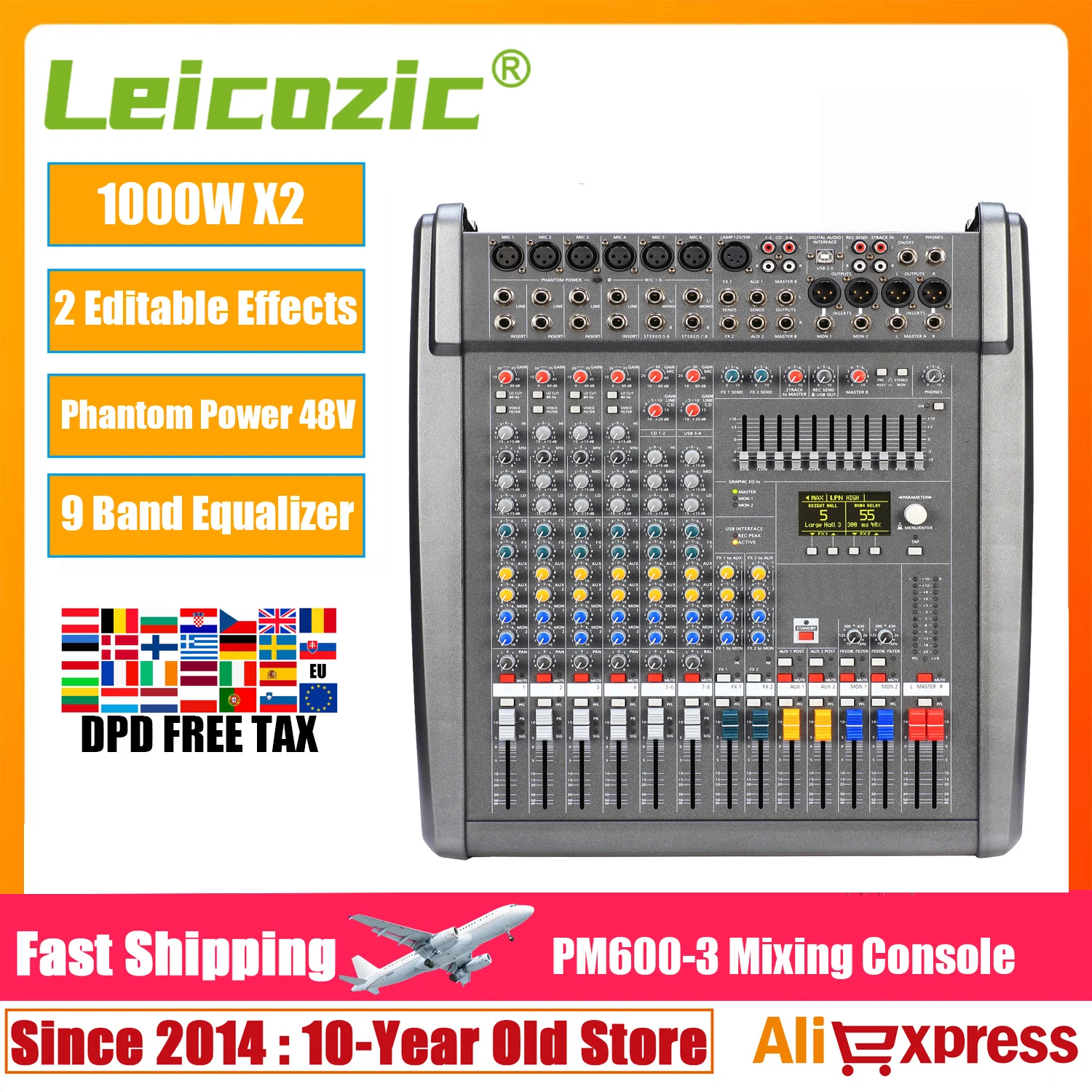 Leicozic PM600-3 Профессиональная микшерная консоль с питанием 1000 Вт X2, 4 ОмМС, 8-канальный микшерный пульт с питанием и матером
Leicozic PM600-3 Профессиональная микшерная консоль с питанием 1000 Вт X2, 4 ОмМС, 8-канальный микшерный пульт с питанием и матером