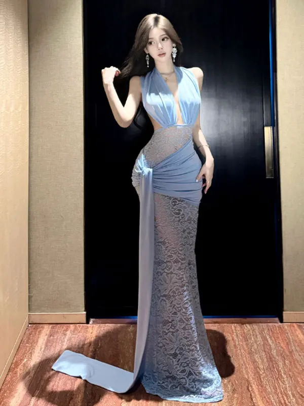Elegant Deep V Neck Backless Long Dress Sexy Strapless Lace Halter Gown Summer Fashion Lady Style High Waist Slim Fit Dress
Elegant Deep V Neck Backless Long Dress Sexy Strapless Lace Halter Gown Summer Fashion Lady Style High Waist Slim Fit Dress