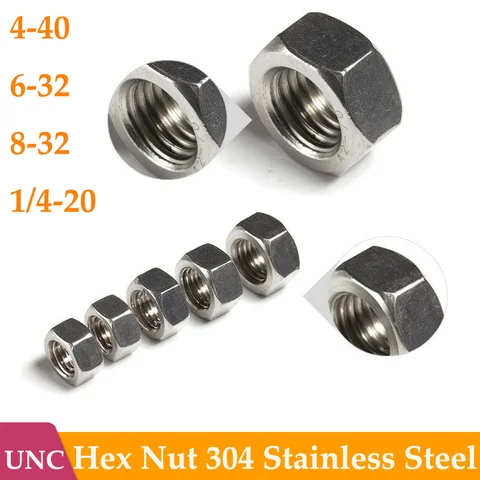 UNC 304 Stainless Steel Hexagon Nut 4-40 6-32 8-32 10-24 12-24 1/4-20 3/4-16 5/16 3/8 Inch Thread Hex Insert Nut for Screw Bolt